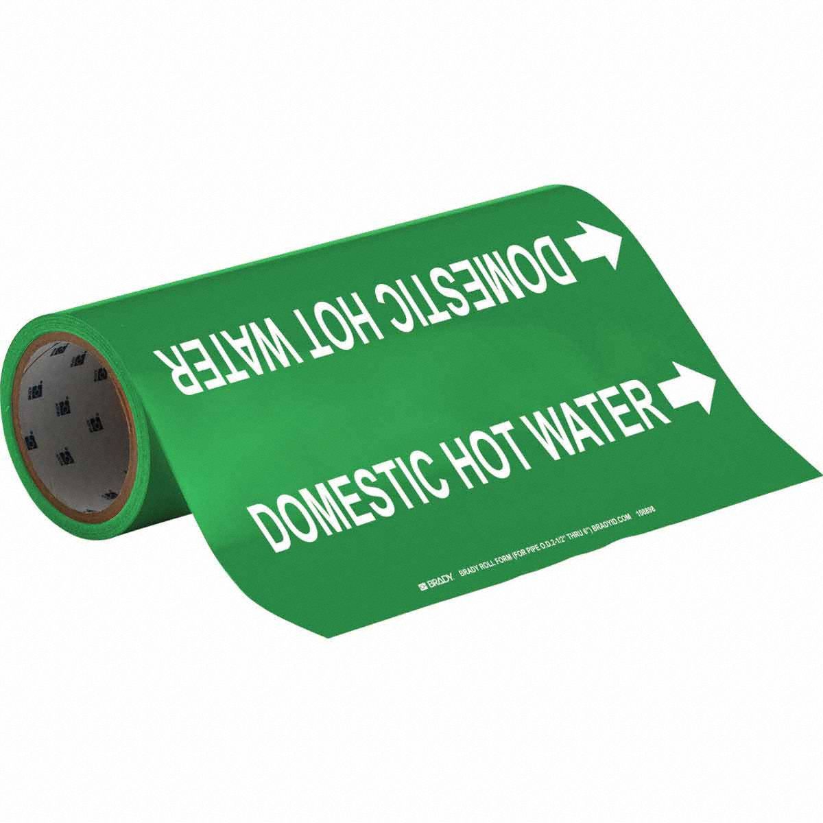 Pipe Marker: Domestic Hot Water, Green, White, Fits 2 1/2 to 6 in Pipe O.D., 30 Pipe Markers