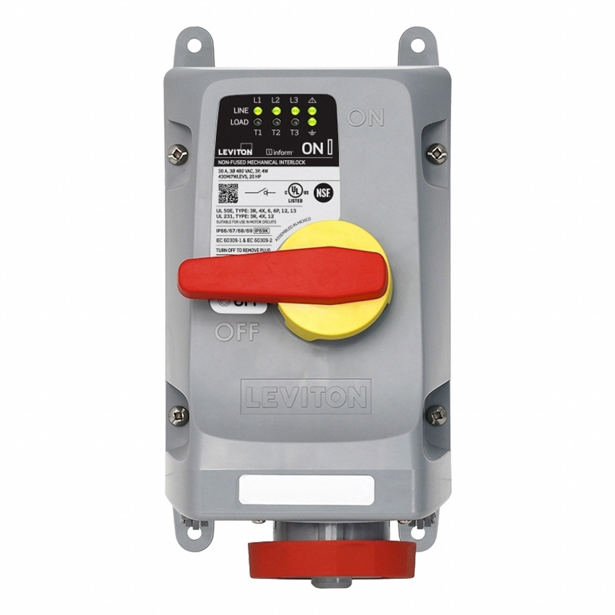 Pin and Sleeve Mechanical Interlock: Non-Fused, 30 A, 480V AC, 7 1/2 hp Horsepower Rating