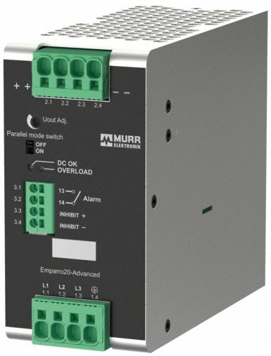 MURRELEKTRONIK DC Power Supply: DIN Rail, 480 W Output Power - Rated, 10.6 A Current - Output (MPN 9000-17333-1221110). Key specifications — attr1044898: Three; attr1044874: Aluminum; attr1044879: 342 to 575V AC; attr211400: MURRELEKTRONIK.