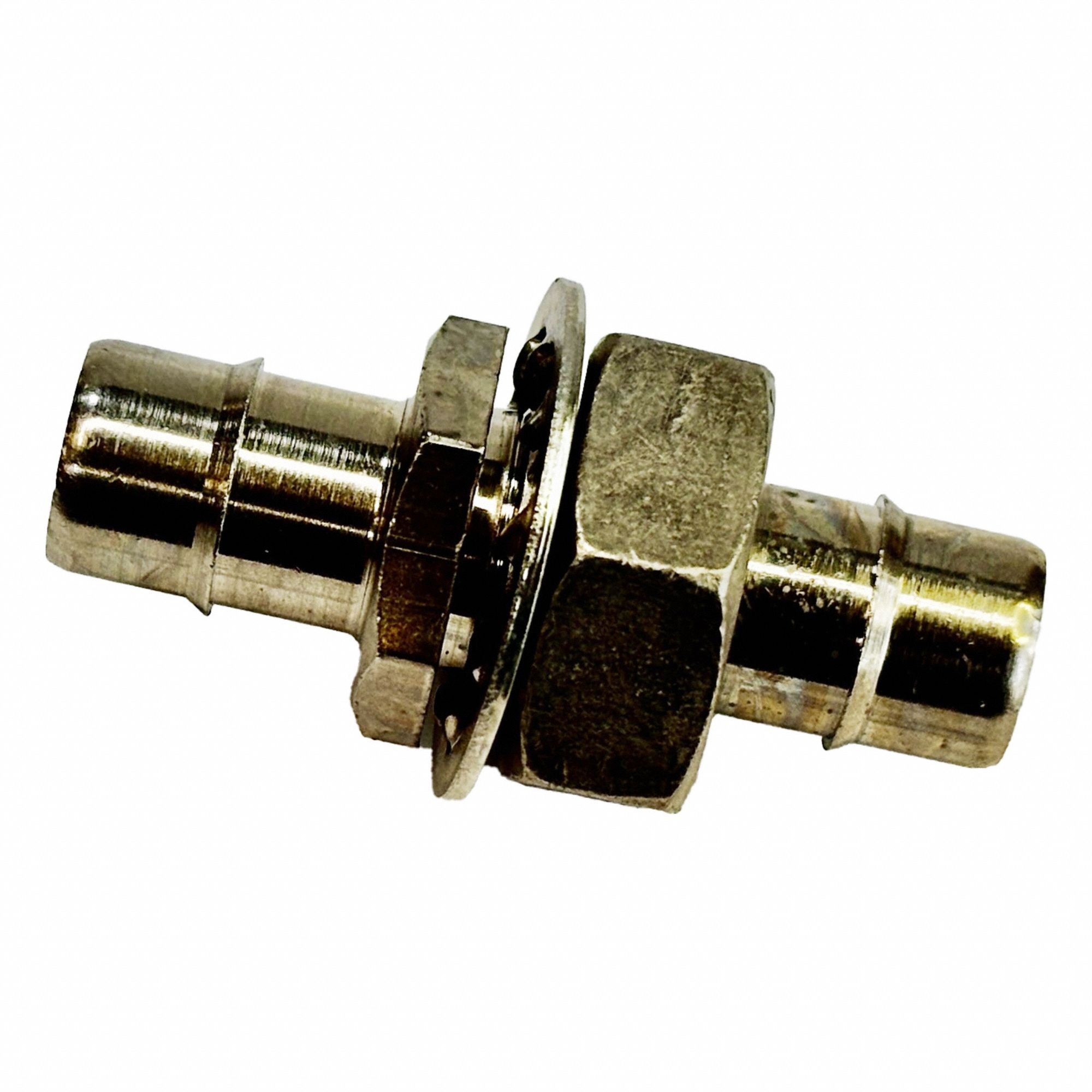 Mini Barb Fitting: 1/8 in ID x 1/8 in ID Size, Tube x Tube, Brass, Bulkhead