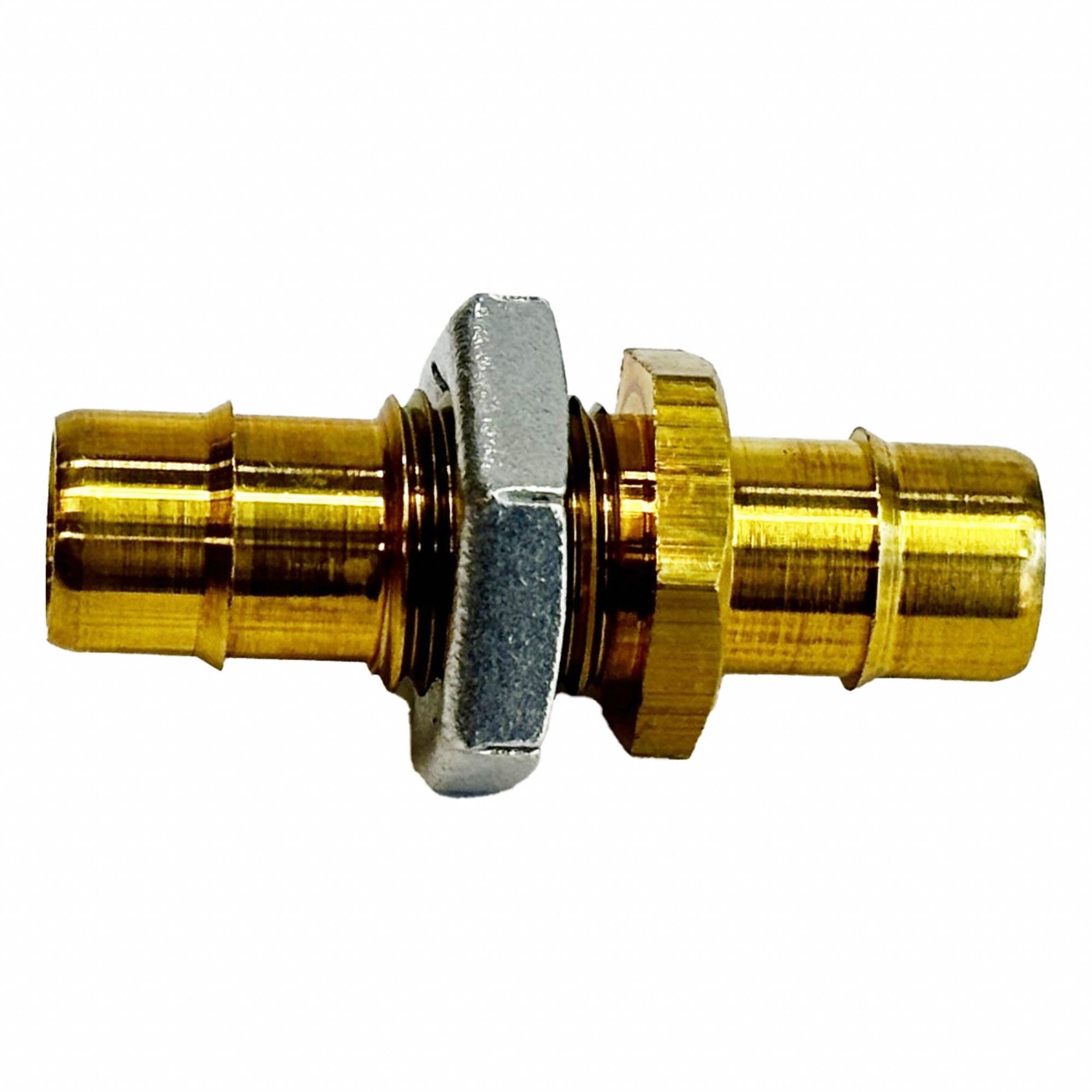 Mini Barb Fitting: 1/8 in ID x 1/8 in ID Size, Tube x Tube, Brass, Bulkhead