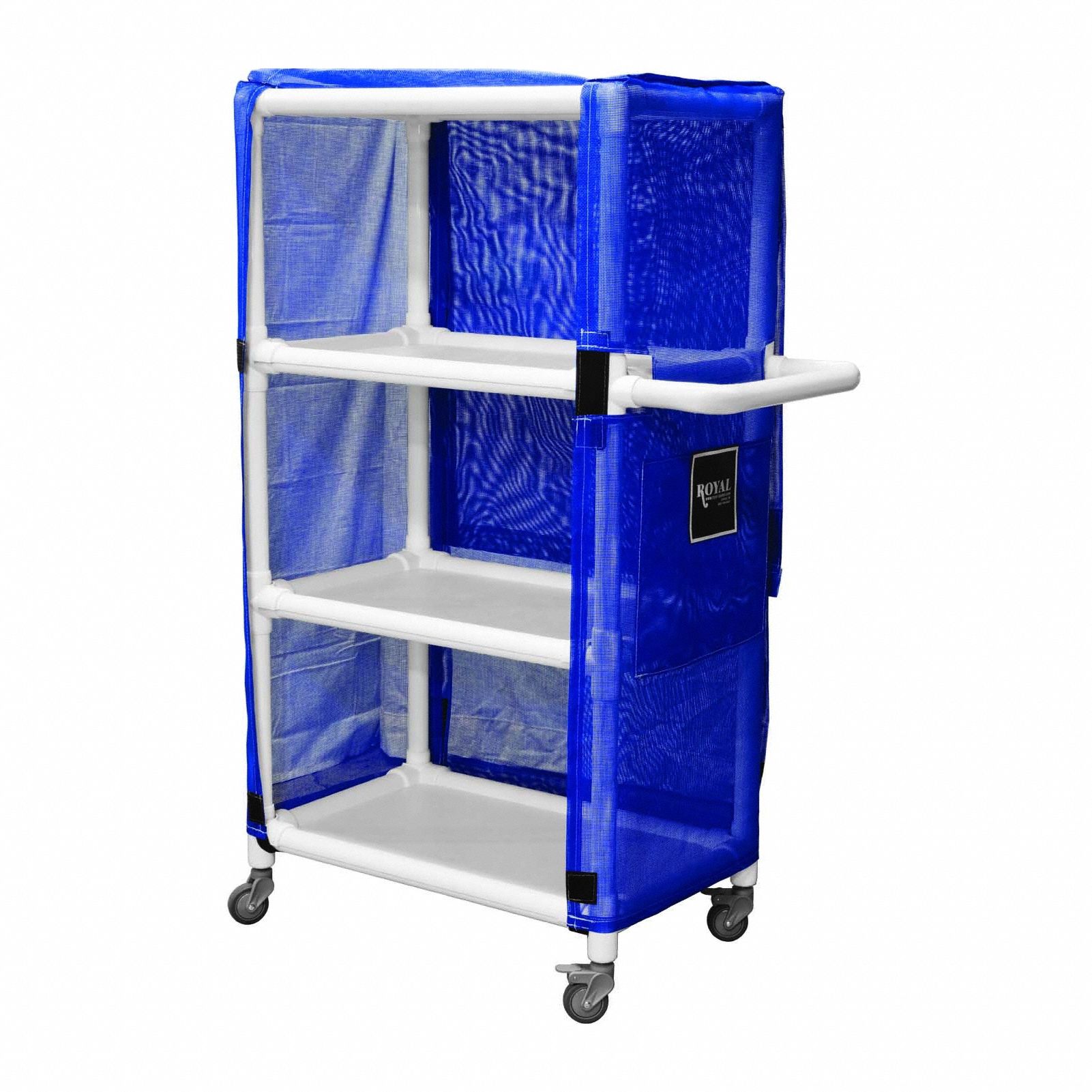 Linen Cart: Blue, (4) Swivel, 24 in Overall Lg, 61 in Overall Ht, 3 Compartments