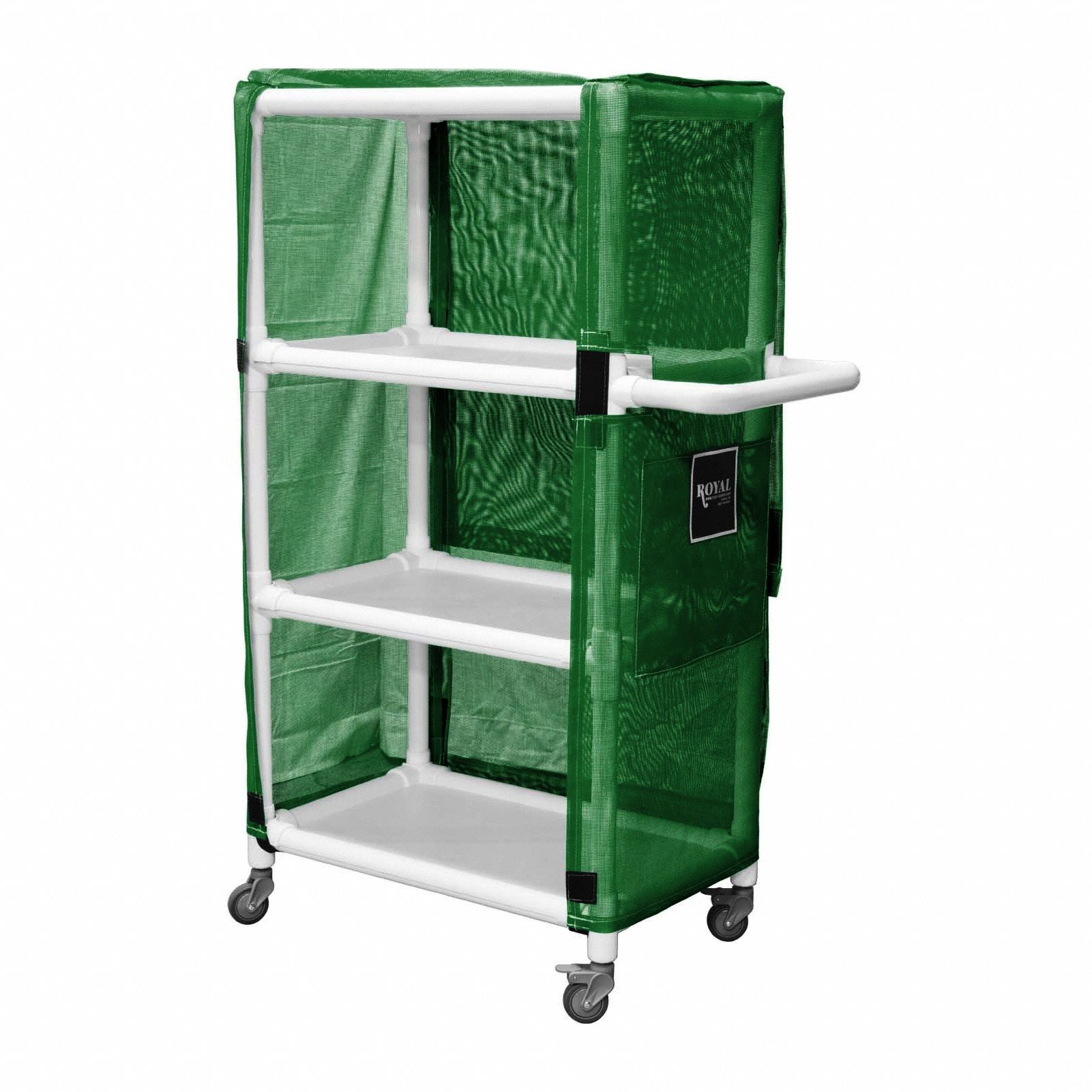 Linen Cart: Green, (4) Swivel, 24 in Overall Lg, 61 in Overall Ht, 3 Shelves