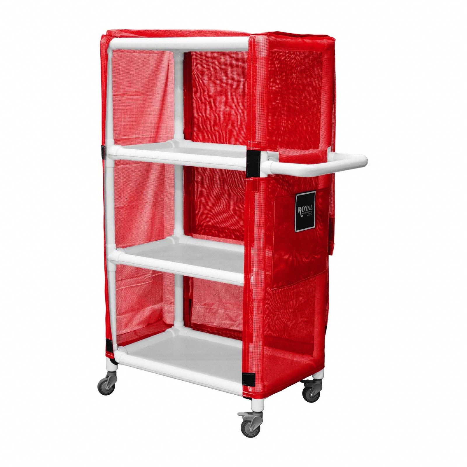 Linen Cart: Red, (4) Swivel, 24 in Overall Lg, 61 in Overall Ht, 3 Compartments