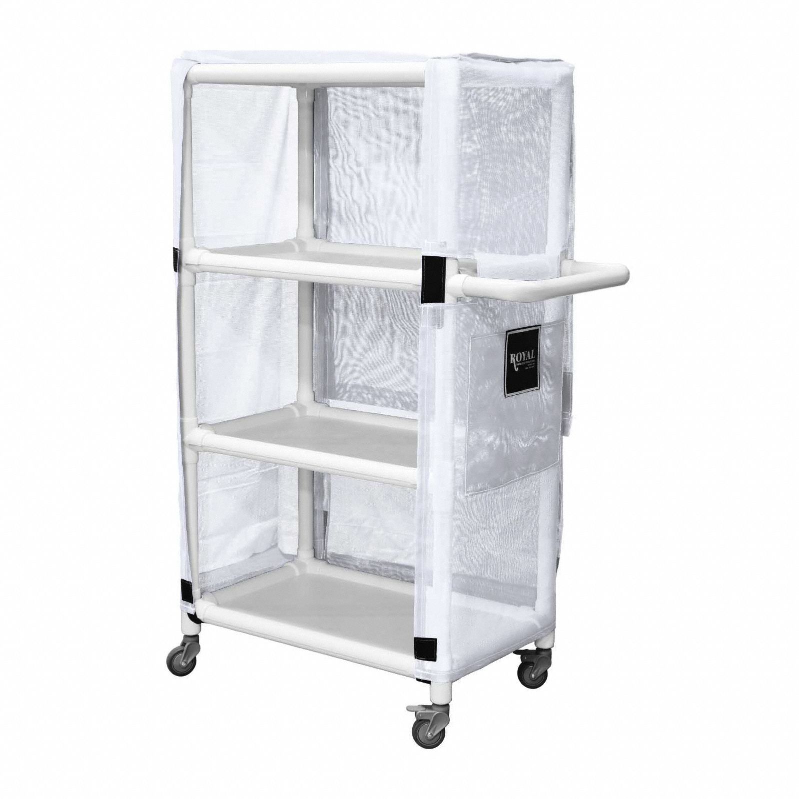 Linen Cart: White, (4) Swivel, 24 in Overall Lg, 61 in Overall Ht, 3 Shelves