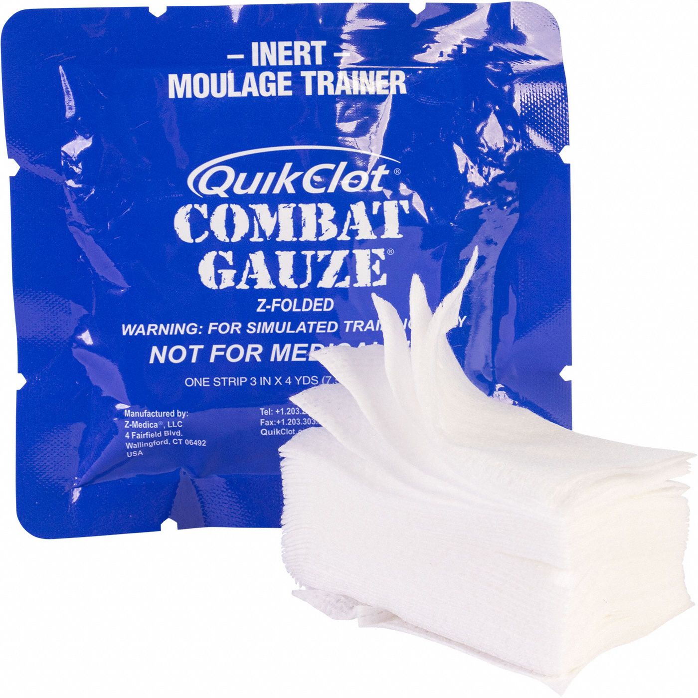 Combat Gauze for Training: Sterile, Green, Cotton, Pouch, 3 in Wd, 4 yd Lg