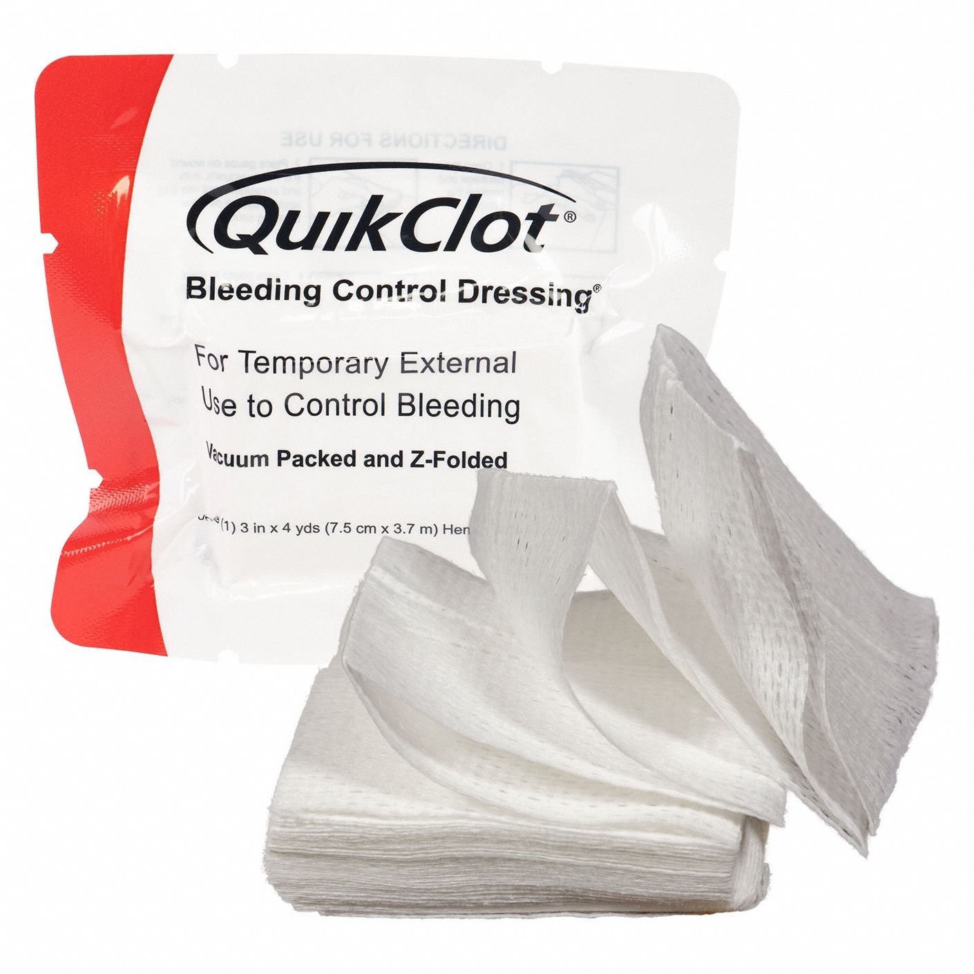 Bleeding Control Dressing: Sterile, White, Cotton, Pouch, 3 in Wd, 4 yd Lg