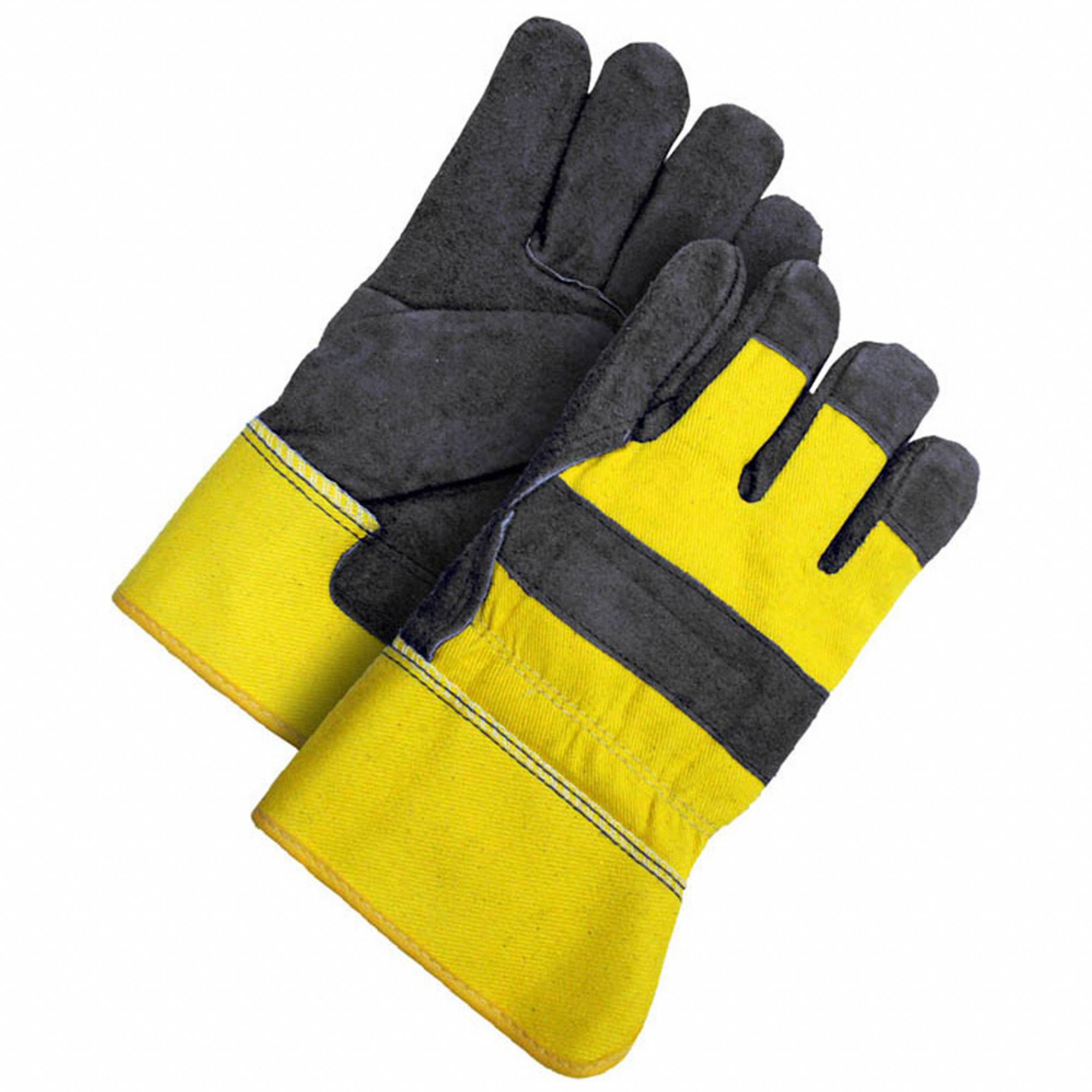 Leather Gloves: Universal, Premium, Work Glove, Cowhide, Wing Thumb, Safety Cuff, Yellow, 1 PR