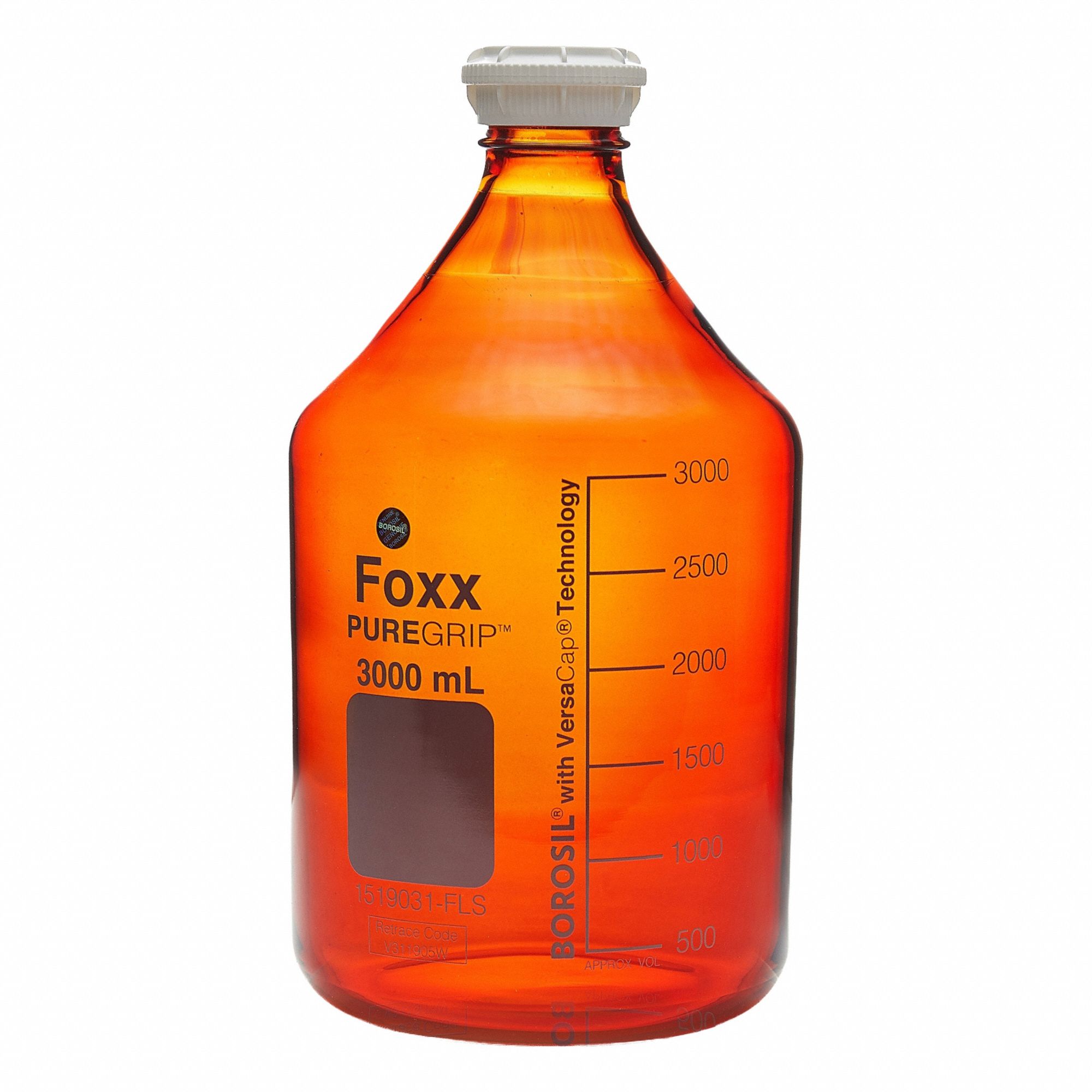 FOXX LIFE SCIENCES Glass Media, BOD, & Specialty Lab Bottles - Glass Lab Media Bottles: 5 L, GL45 (MPN 1519033-FLS). Key specifications — Closure Type: Screw-On; Mouth Size: Wide; Screw Closure Size: GL45; Brand: FOXX LIFE SCIENCES; Body Color: Amber.