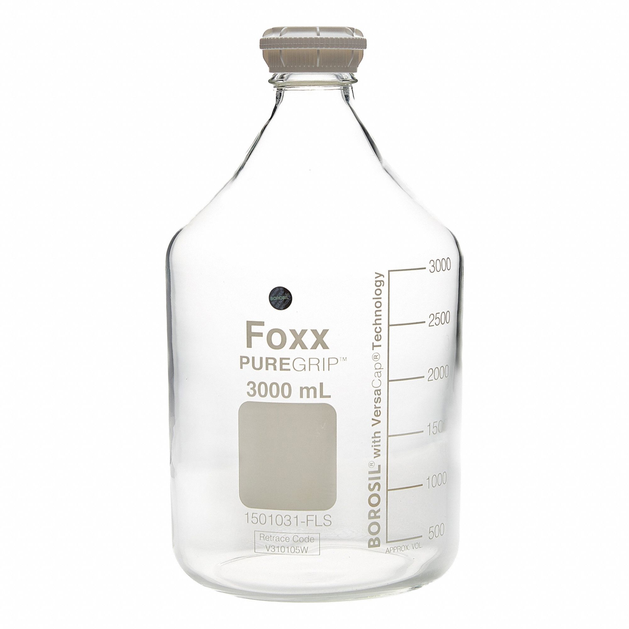 FOXX LIFE SCIENCES Glass Media, BOD, & Specialty Lab Bottles - Glass Lab Media Bottles: 5 L, GL45 (MPN 1501033-FLS). Key specifications — Closure Type: Screw-On; Mouth Size: Wide; Screw Closure Size: GL45; Brand: FOXX LIFE SCIENCES; Body Color: Colorless.