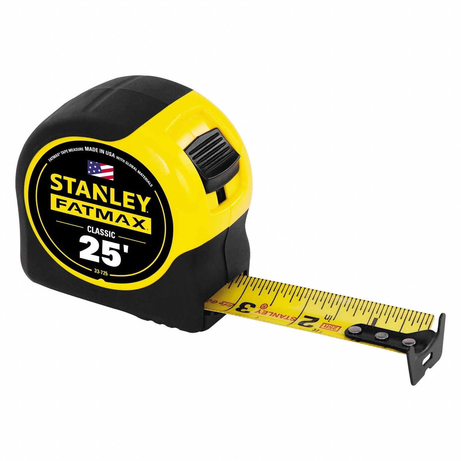 Stanley Tape Measure: 25 ft Tape Lg, 1 in Tape Wd, Plastic Case, Polymer, 7 ft Standout Lg, Auto, Yellow Tape, SAE, inch