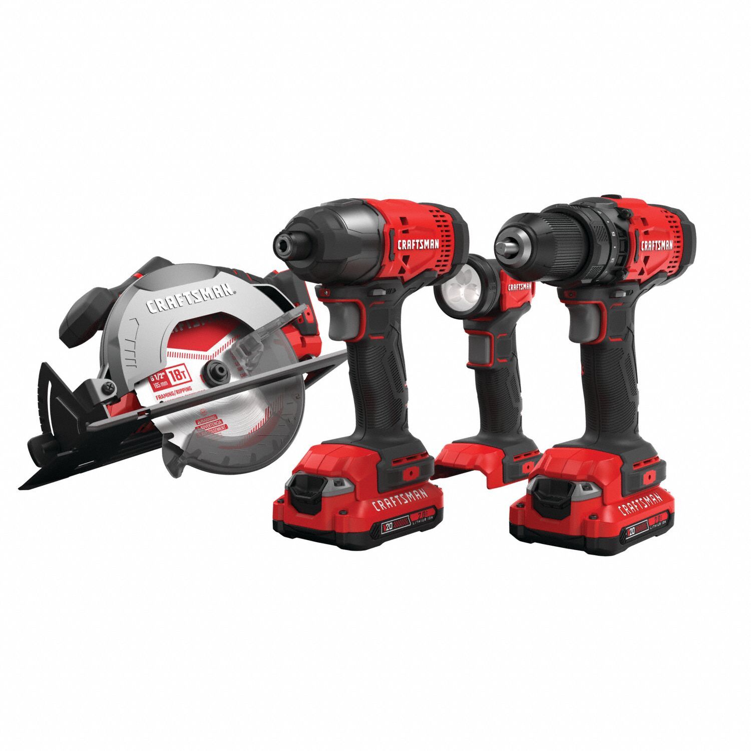 CRAFTSMAN Cordless Combination Kit: 4 Tools, Circular Saw/Drill/Driver/Impact Driver/Work Light (MPN CMCK401D2). Key specifications — attr1176460: Impact Driver.