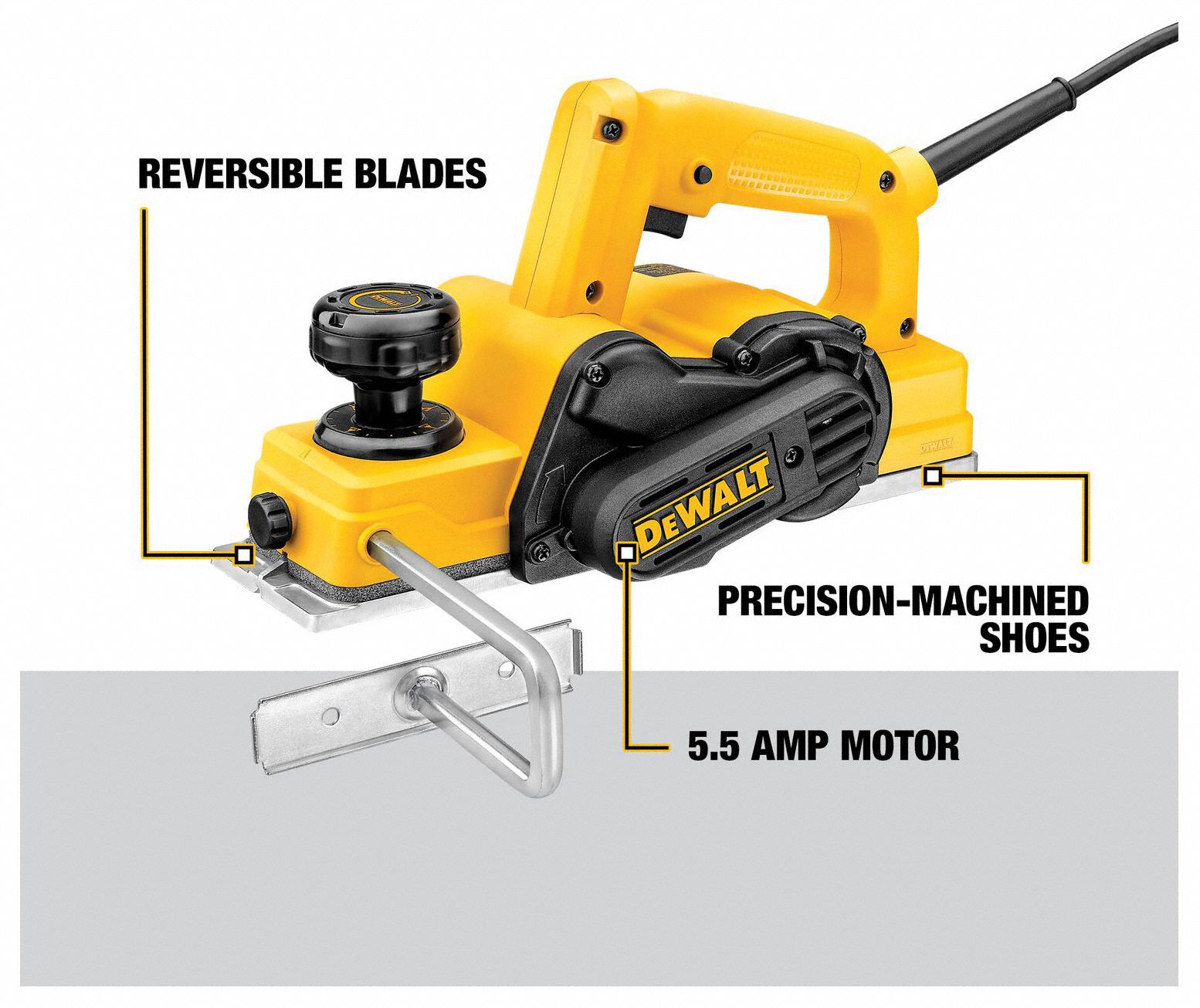 DEWALT Corded Hand Planer Kit Flat, 120V AC, 5.5 A, 3 1/4 in Blade Wd