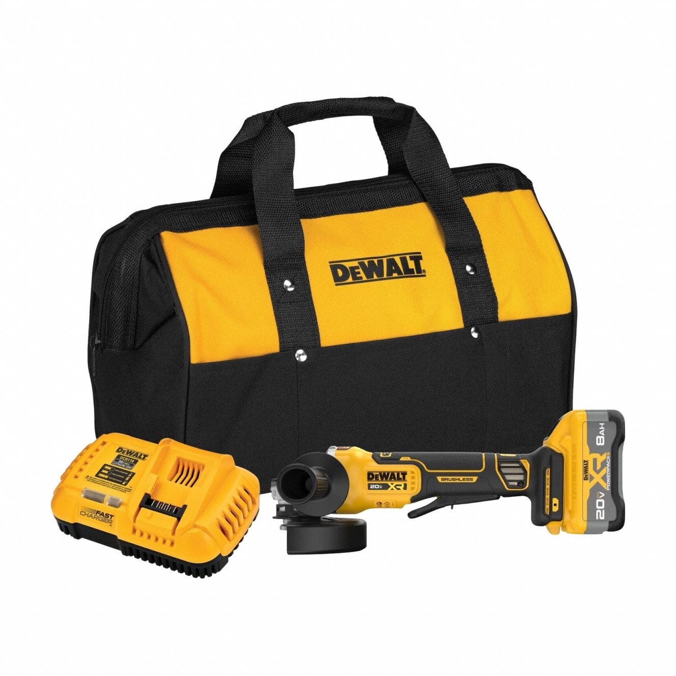 Angle Grinder: 5 in_4 1/2 in Wheel Dia, Brushless Motor, 8.0 Ah, 20V DC, Std Head, Barrel Grip Grip