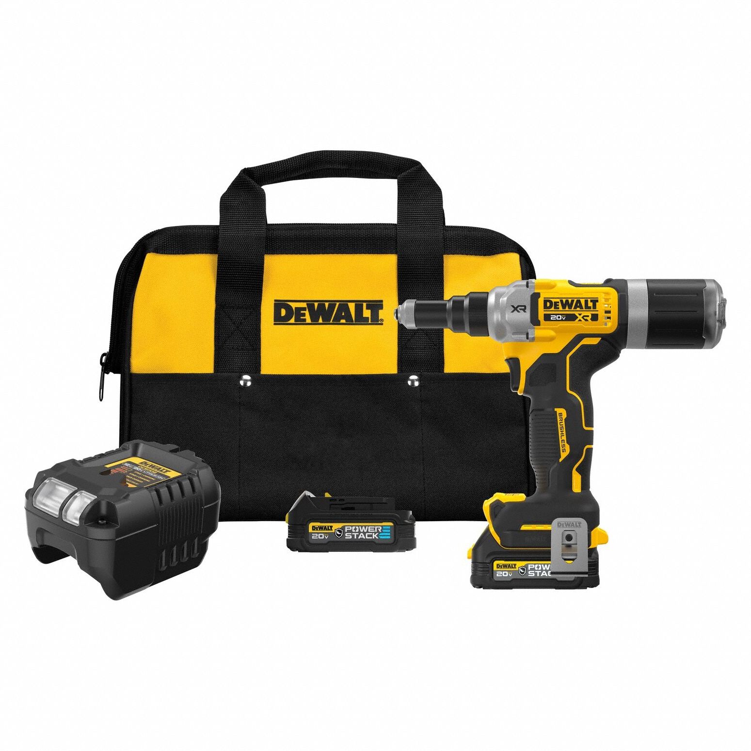 Rivet Tool: 2 Batteries, 1 Charger, 1 3/16 in Stroke Lg, 4, 500 lbf Pulling Force, (2) 1.7 Ah