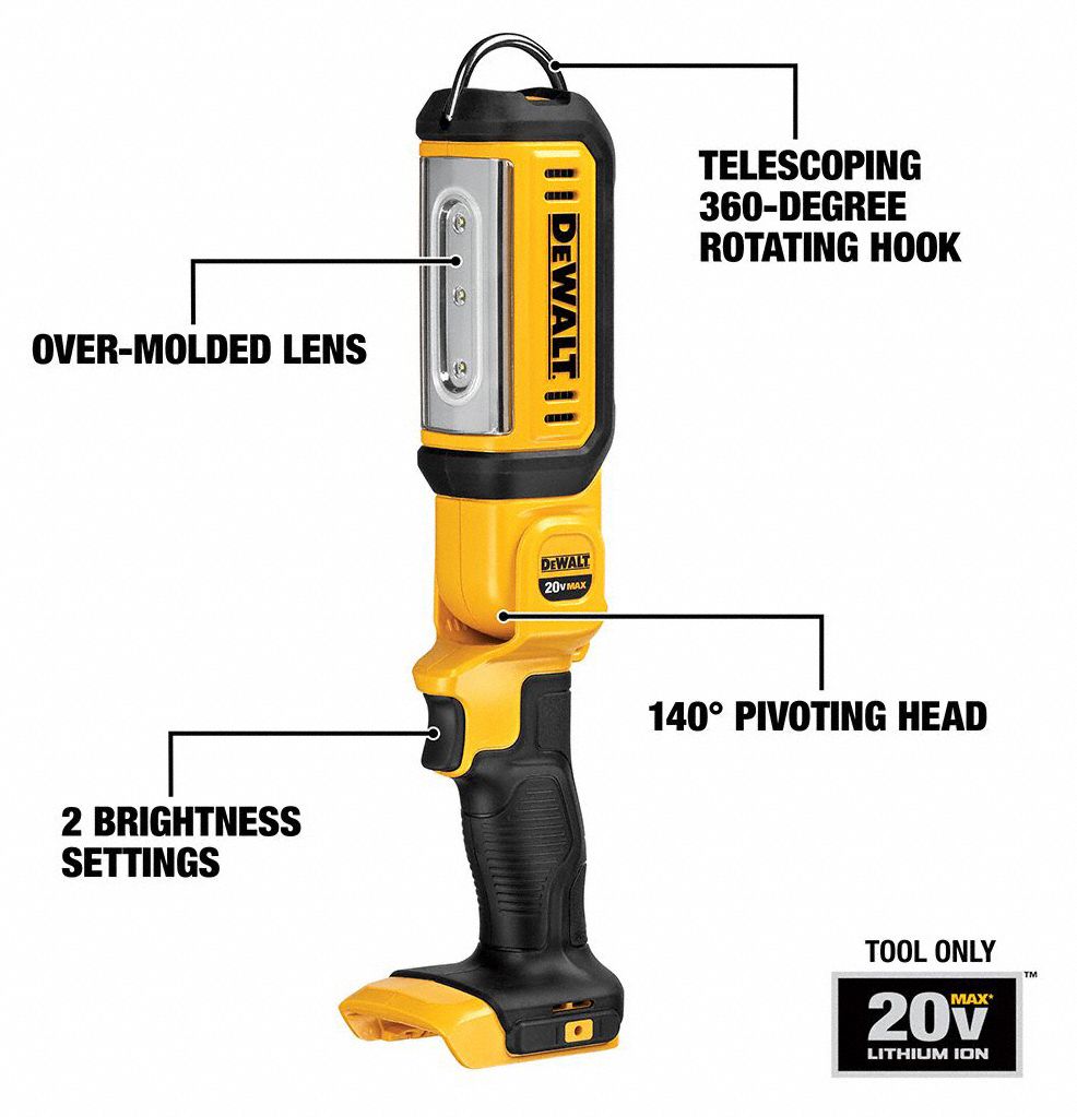 DEWALT Cordless Stick Light 20V MAX*, Bare Tool, 500 lm Max., 2 Modes, Belt Clip/Hang Hook