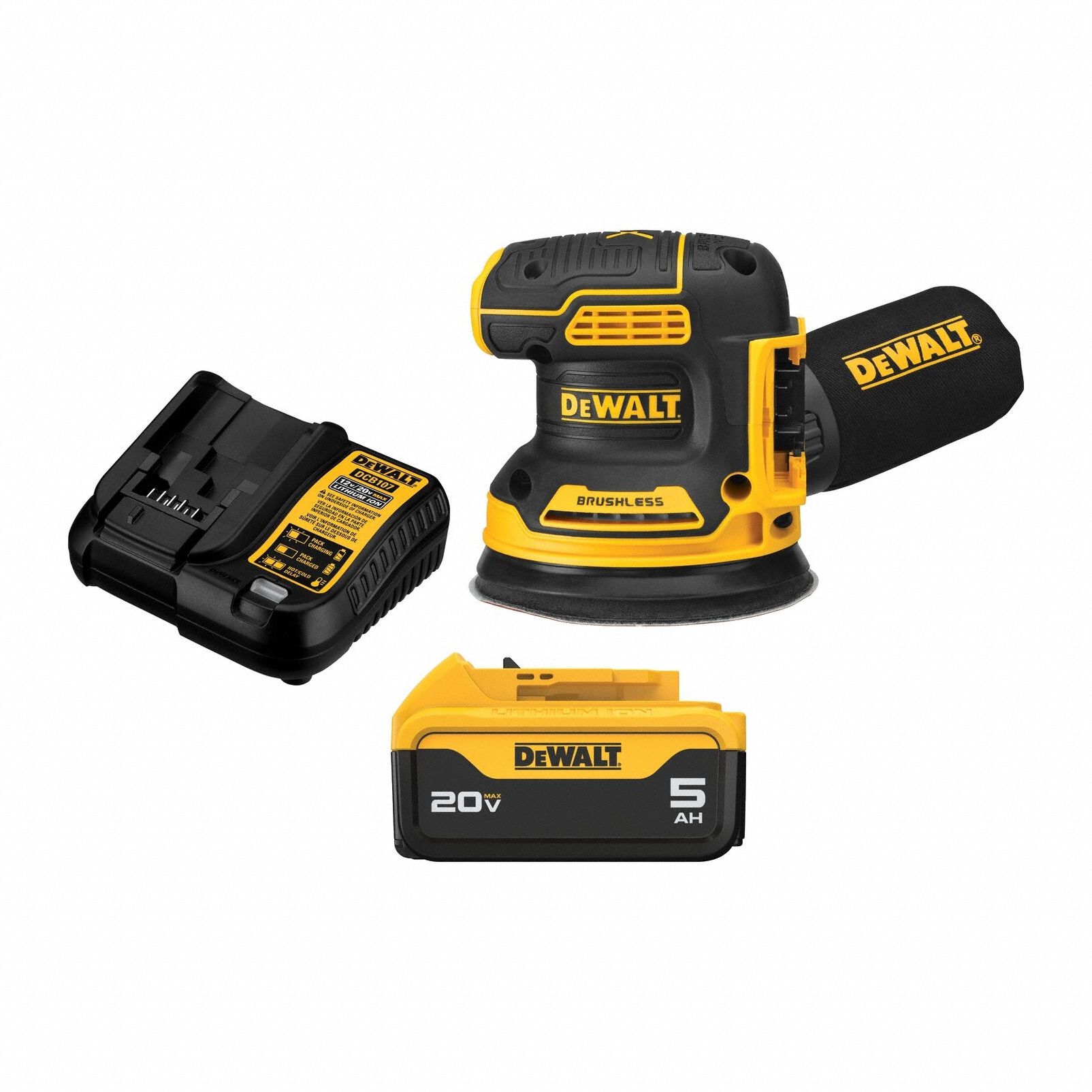 Cordless Sander: 20V MAX, Battery Included, 5 in Dia, Random Orbital, Hook and Loop, 20 V