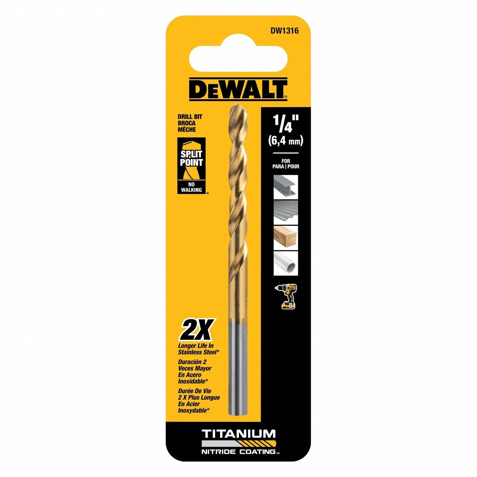 DEWALT, 1/4 in Drill Bit Size, 2 3/4 in Flute Lg, Round Shank Drill Bit ...