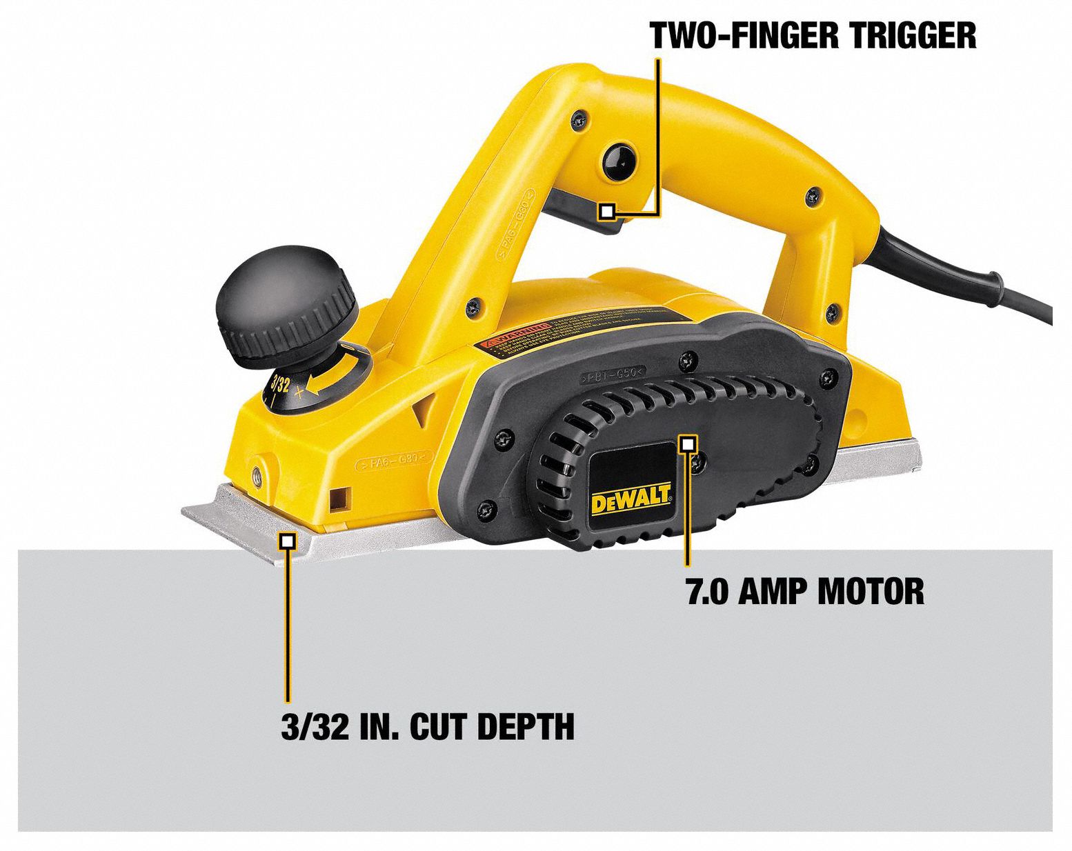 DEWALT Corded Hand Planer Flat, 120V AC, 7 A, 3 1/4 in Blade Wd, 1/8