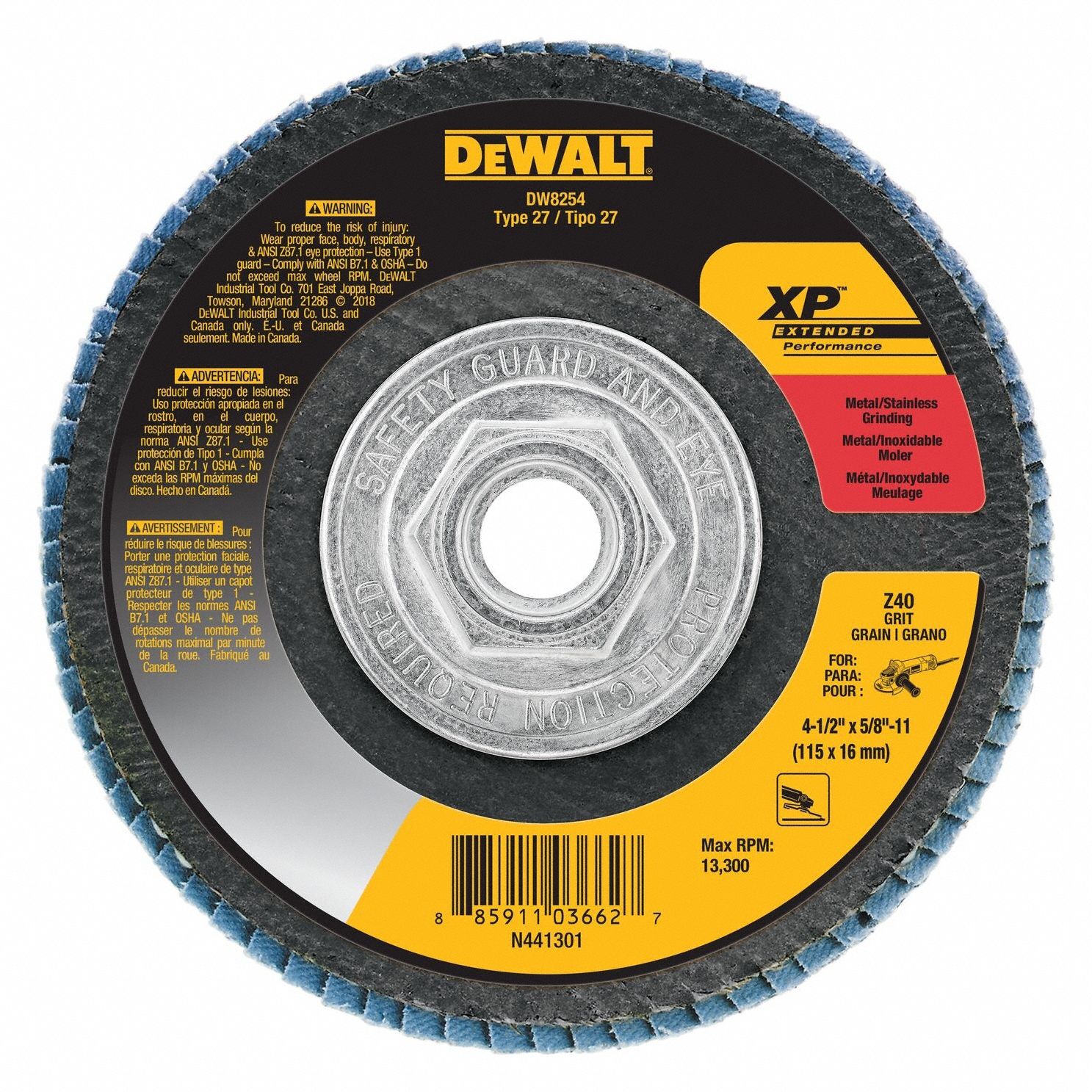 DEWALT, Type 27, 4 1/2 in x 5/8"11, Flap Disc 13J205DW8254 Grainger