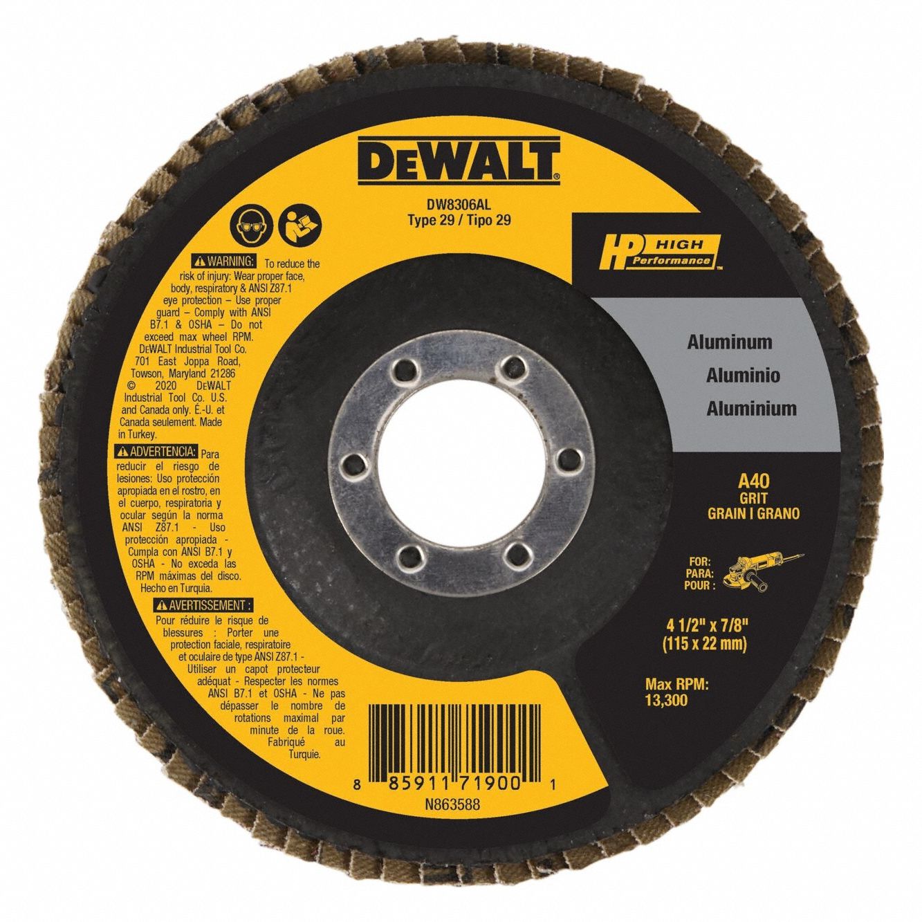 Flap Disc: Type 29, 4-1/2" x 7/8", Aluminum Oxide, 40 Grit, Fiberglass Bk, High Density