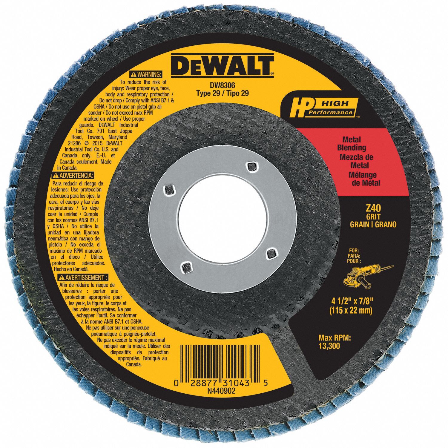 Flap Disc: Type 29, 4-1/2" x 7/8", Zirconia Alumina, 40 Grit, Fiberglass Bk, High Density, HP