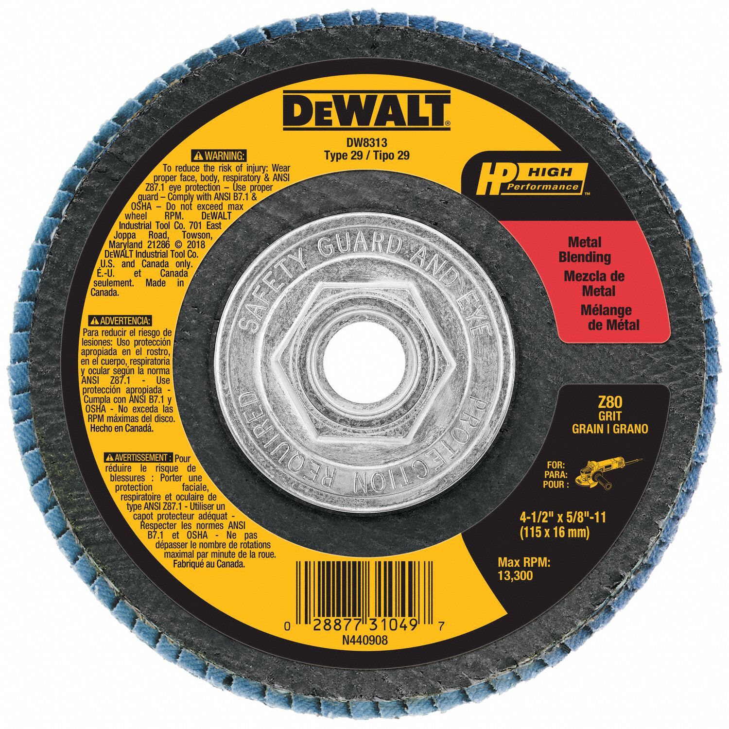 DEWALT, Type 29, 4 1/2 in x 5/8"11, Flap Disc 6HD57DW8313 Grainger