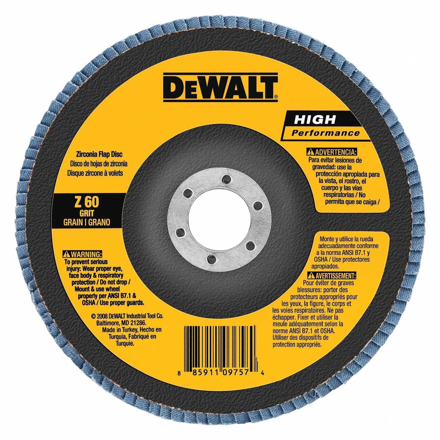 Abrasive Flap Disc: Type 27, 4-1/2" x 7/8", Zirconia Alumina, 60 Grit, Fiberglass Bk, HP