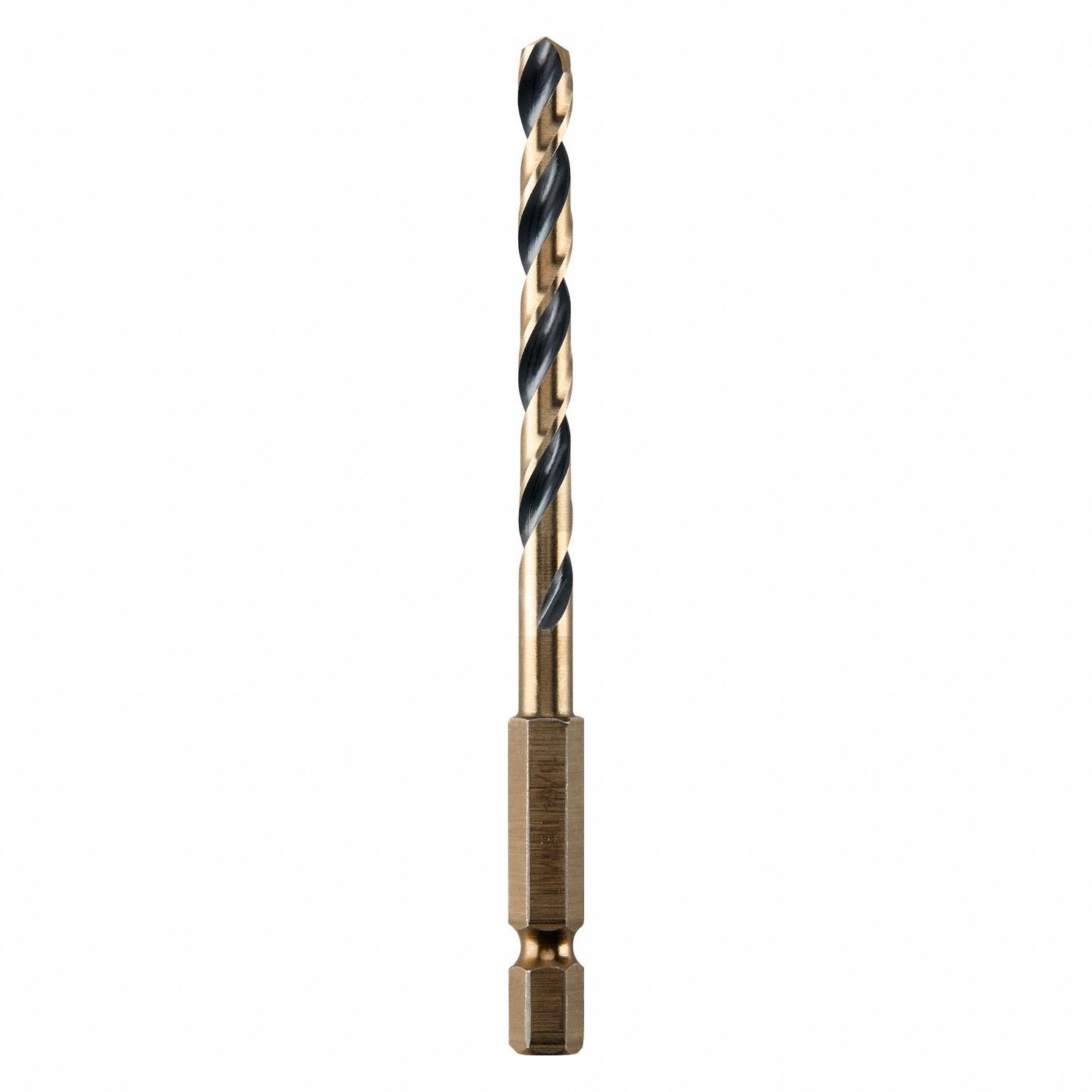 Hex Shank Drill Bit: 13/64", 135° Split Point, Black & Gold HSS, Impact Rated