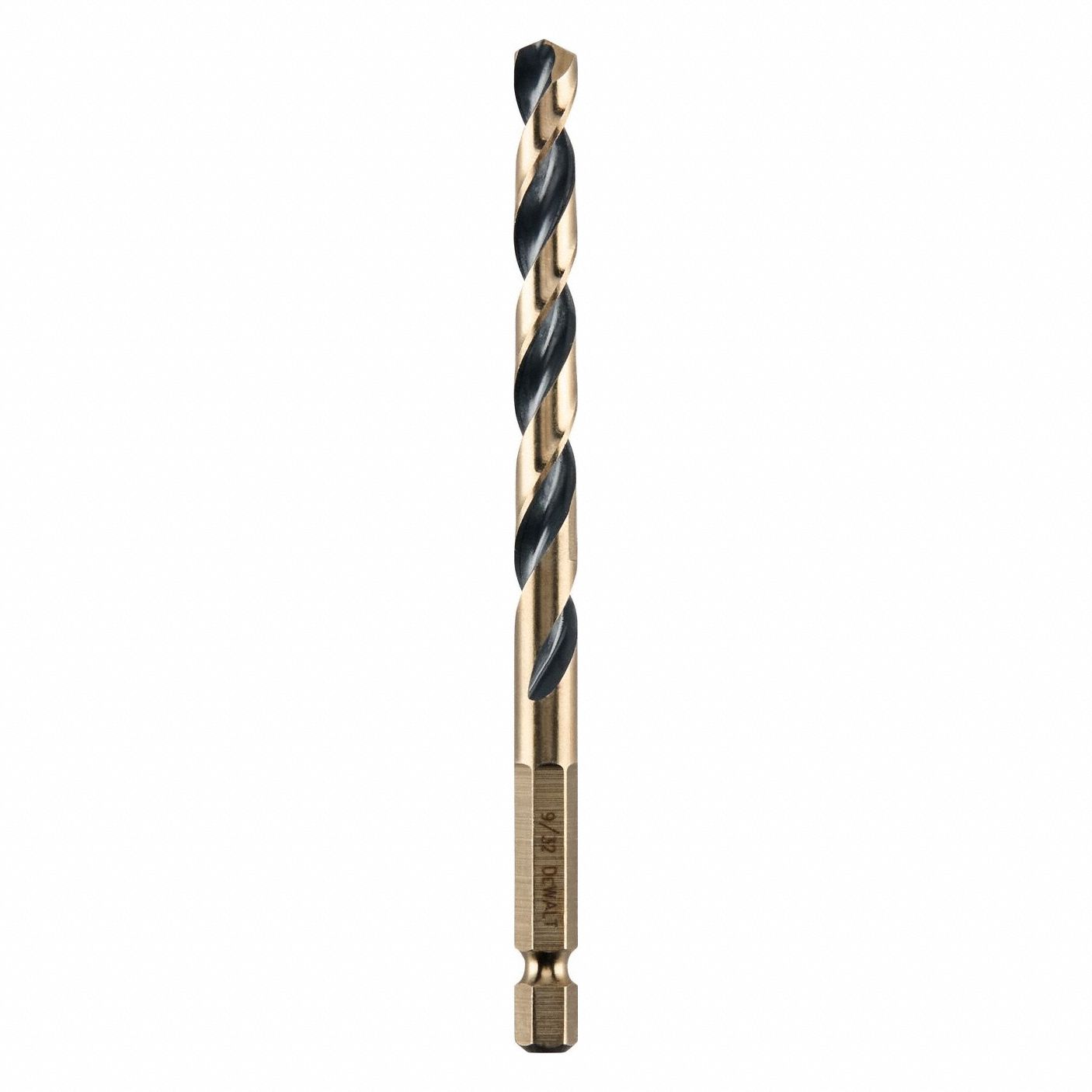 Hex Shank Drill Bit: 9/32", 135° Split Point, Black & Gold HSS, Impact Rated