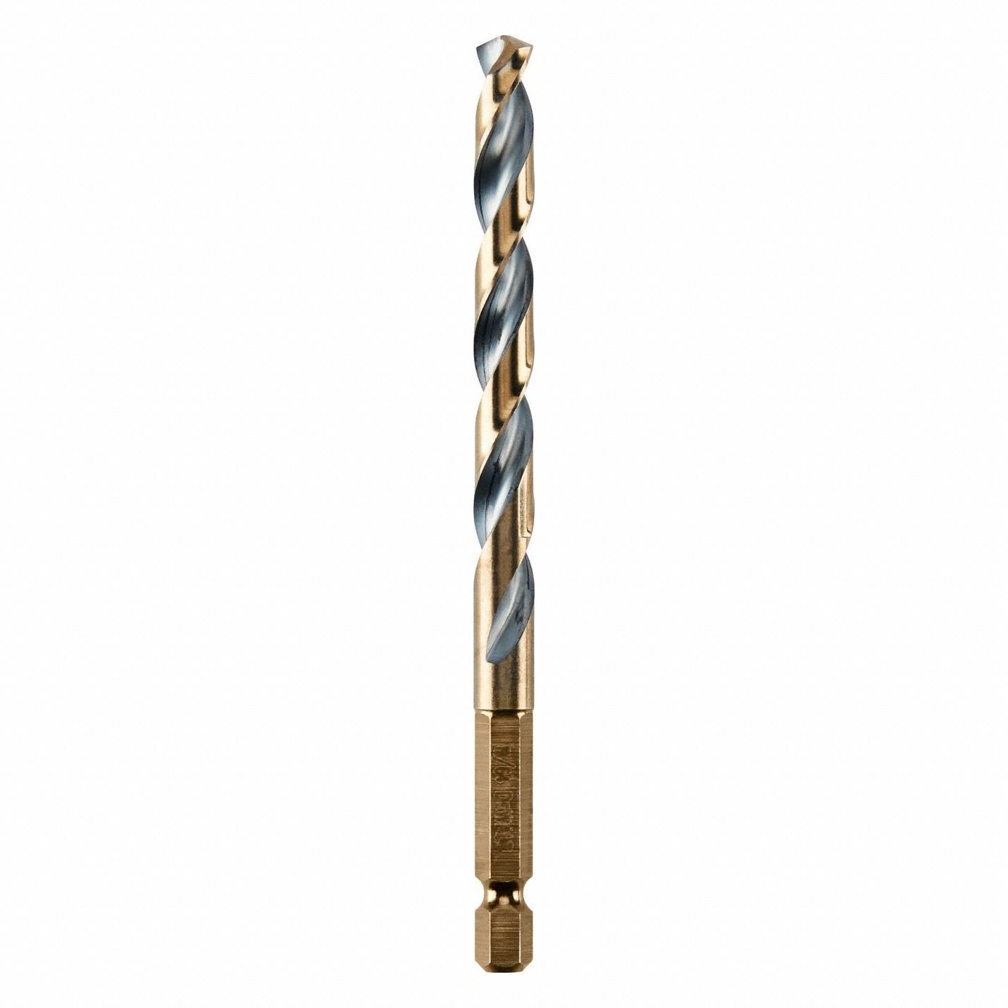 Hex Shank Drill Bit: 19/64", 135° Split Point, Black & Gold HSS, Impact Rated