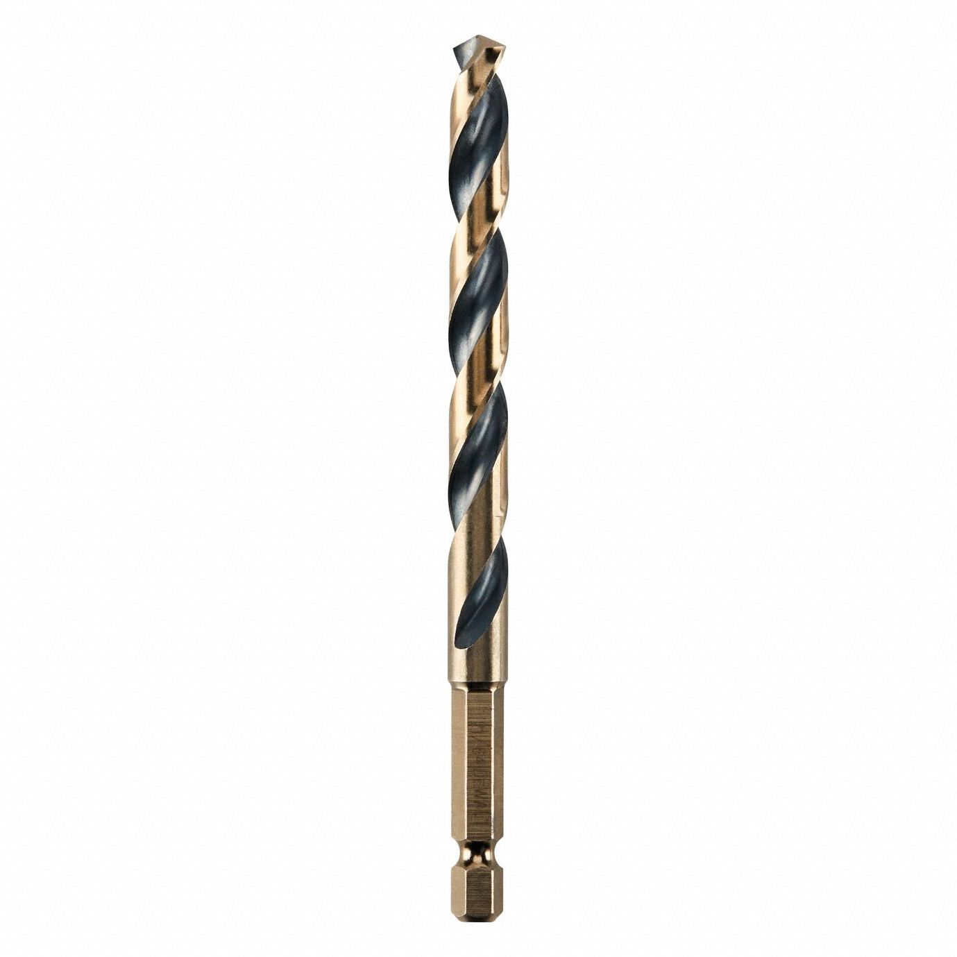 Hex Shank Drill Bit: 21/64", 135° Split Point, Black & Gold HSS, Impact Rated