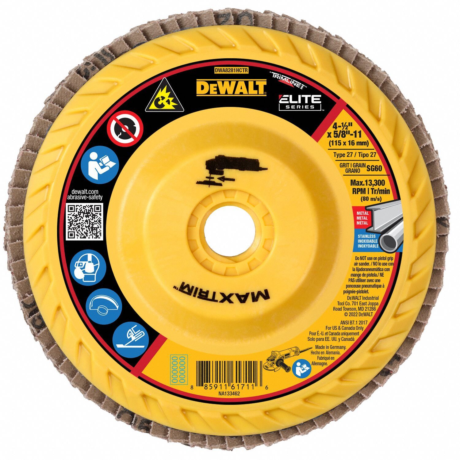 Flap Disc: Type 27, 4-1/2" x 5/8"-11, Ceramic, 60 Grit, Plastic Bk, High Density