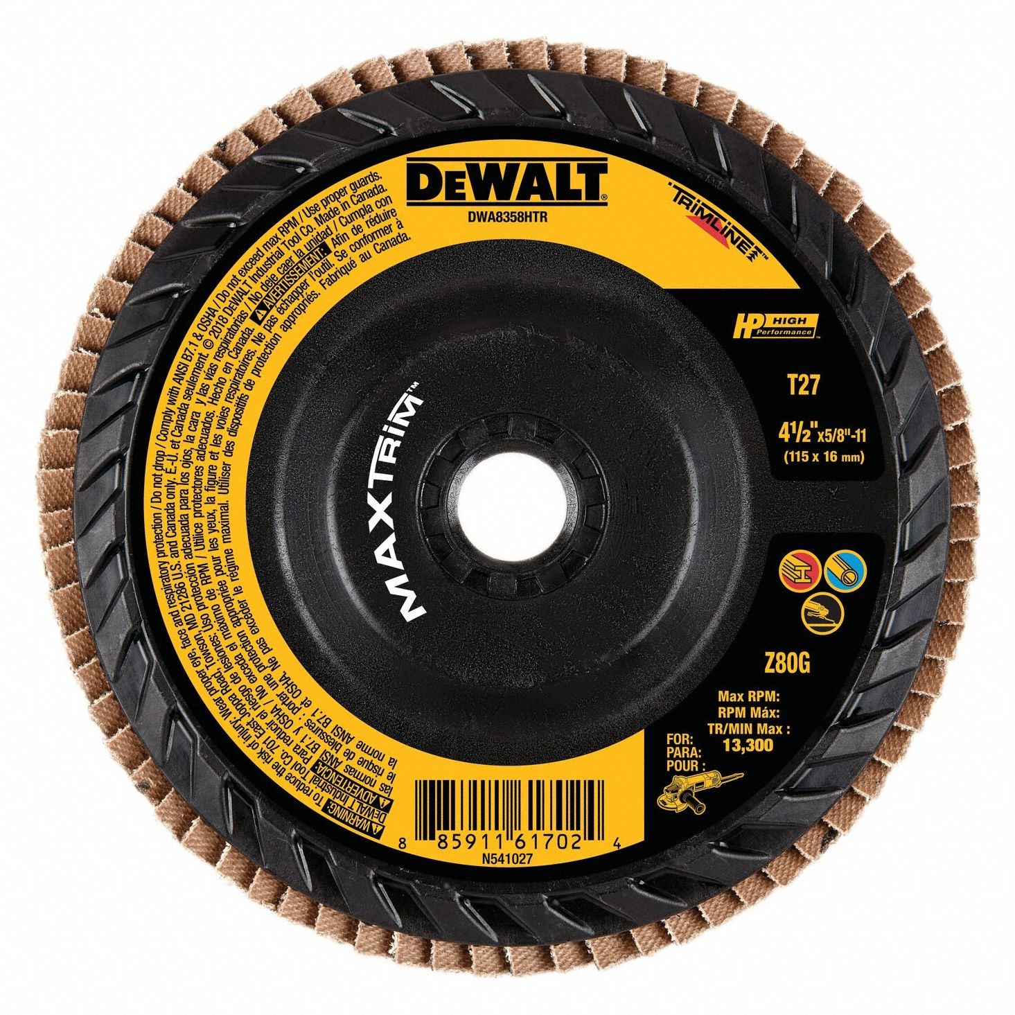 Flap Disc: Type 27, 4-1/2" x 5/8"-11, Zirconia Alumina, 80 Grit, Plastic Bk, High Density