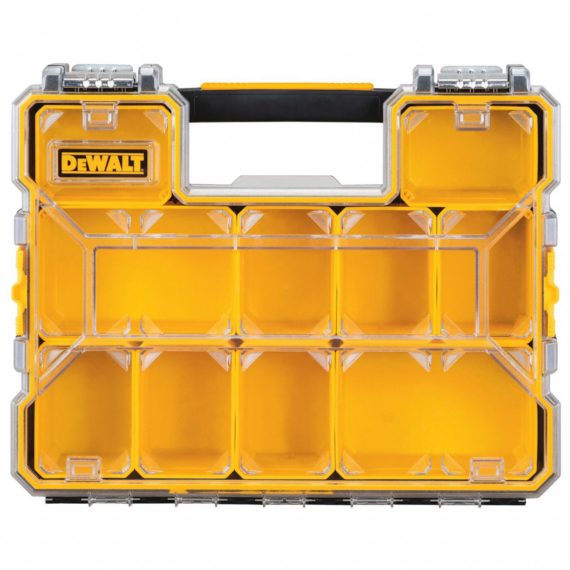 Compartment Box: 17 1/2 in x 14 in x 4 1/2 in, Black/Yellow, 10 Compartments, 0 Adj Dividers