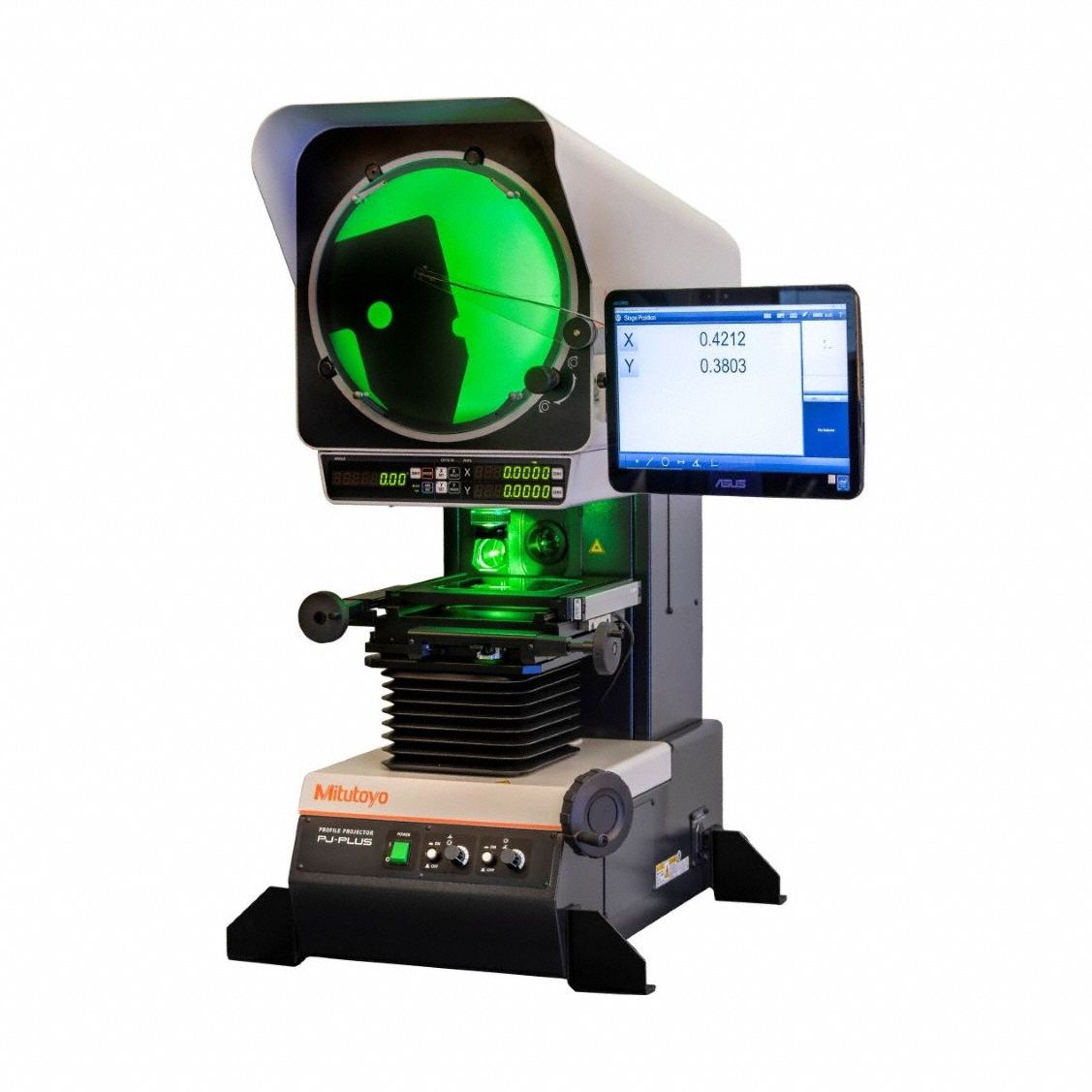 MITUTOYO Profile Projector: Vertical, Inverted-Reversed, 9.8 in x 9.8 in Table Size, 10X (MPN 302-801-10A-M2-EDGE). Key specifications — attr1183445: Inverted-Reversed; attr1183446: 9.8 in x 9.8 in; attr1183447: 10X; attr1183448: 9.75 in x 14.75 in; attr1183450: 100.00 mm; attr1183451: 100.00 mm; attr1183467: MITUTOYO.