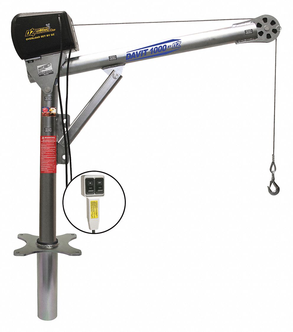 Davit Crane Kit: Steel, Electric, 1, 000 lb Max. Load Capacity, 0 in to 45 ft