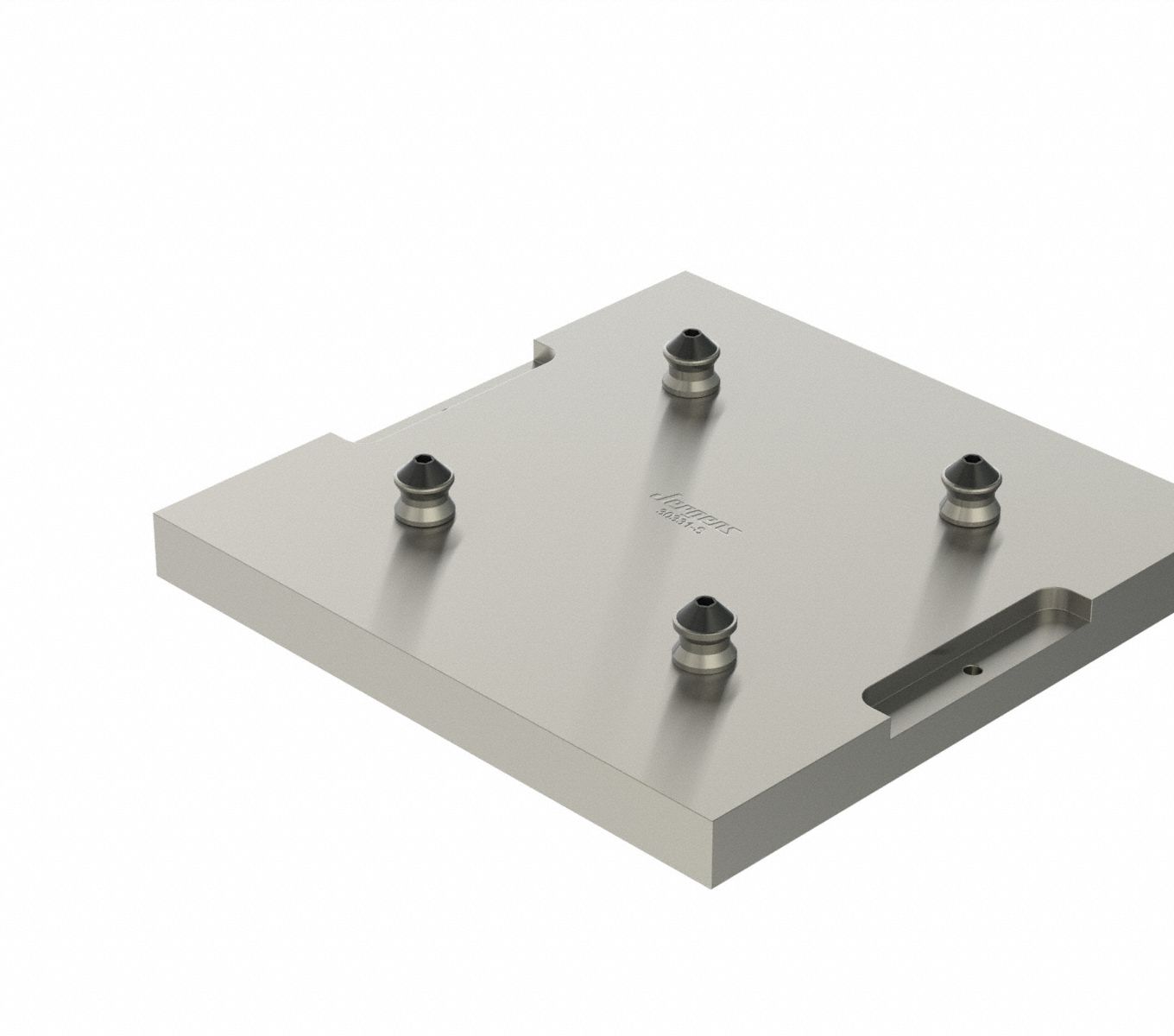 JERGENS Fixture Plate: ZPS, Steel, Square, 104.52 lb Wt, 400 mm W x 400 mm L x 70.1 mm H, 4 Studs (MPN 30331-S). Key specifications — Product Type: Fixture Plate; Brand: JERGENS; Thread Size: M10x1.50; Pull Stud Size: K20; Installed Components: (2) Clearance Studs; Compatible Pull Stud Part Number: 4-Module Subplates.