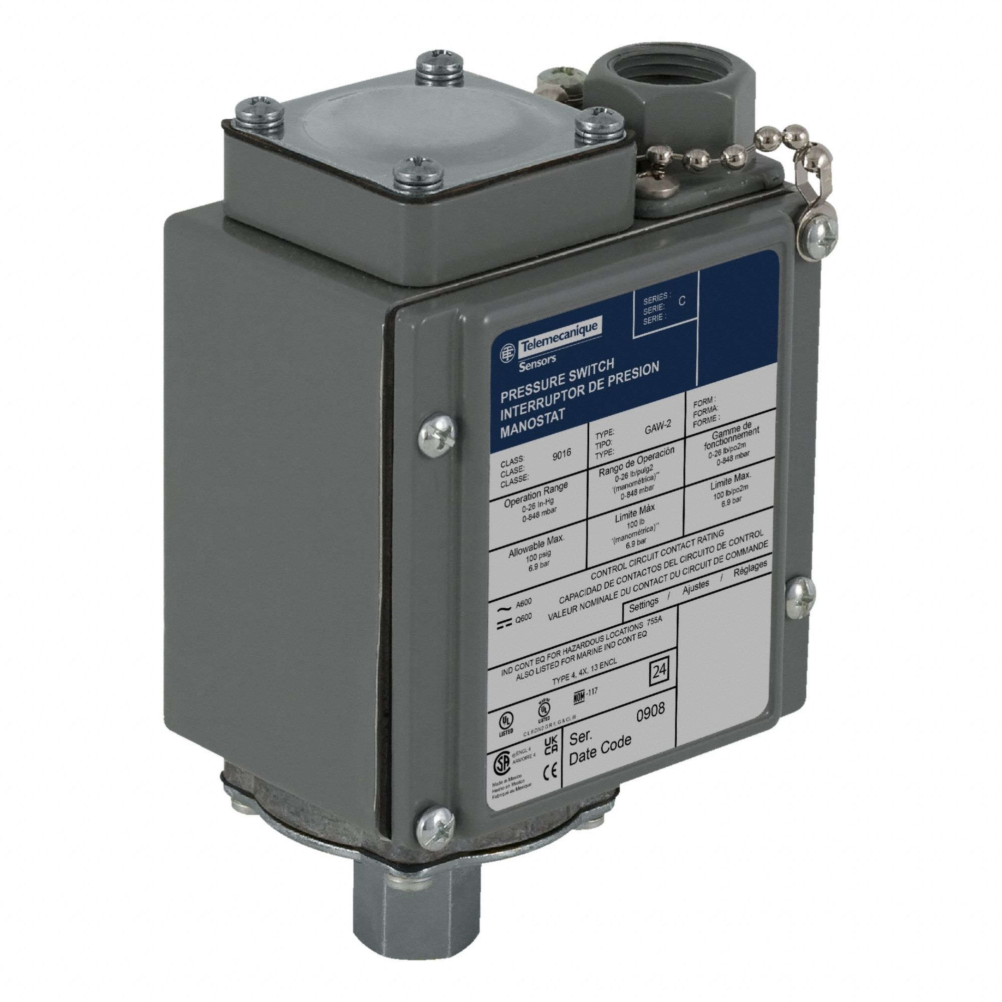 Vacuum Switch: 9016G, 1NO/1NC, 100 psi Pressure - Max, 1/4-18" NPTF