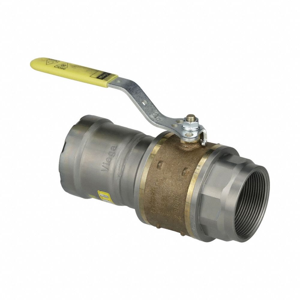 VIEGA MEGAPRESS Manual Two-Way Ball Valve: 2 in, Bronze, Straight, 125 psi Max. Pressure (CWP), PTFE (MPN 30655). Key specifications — Brand: VIEGA MEGAPRESS; Handle: Locking Lever.