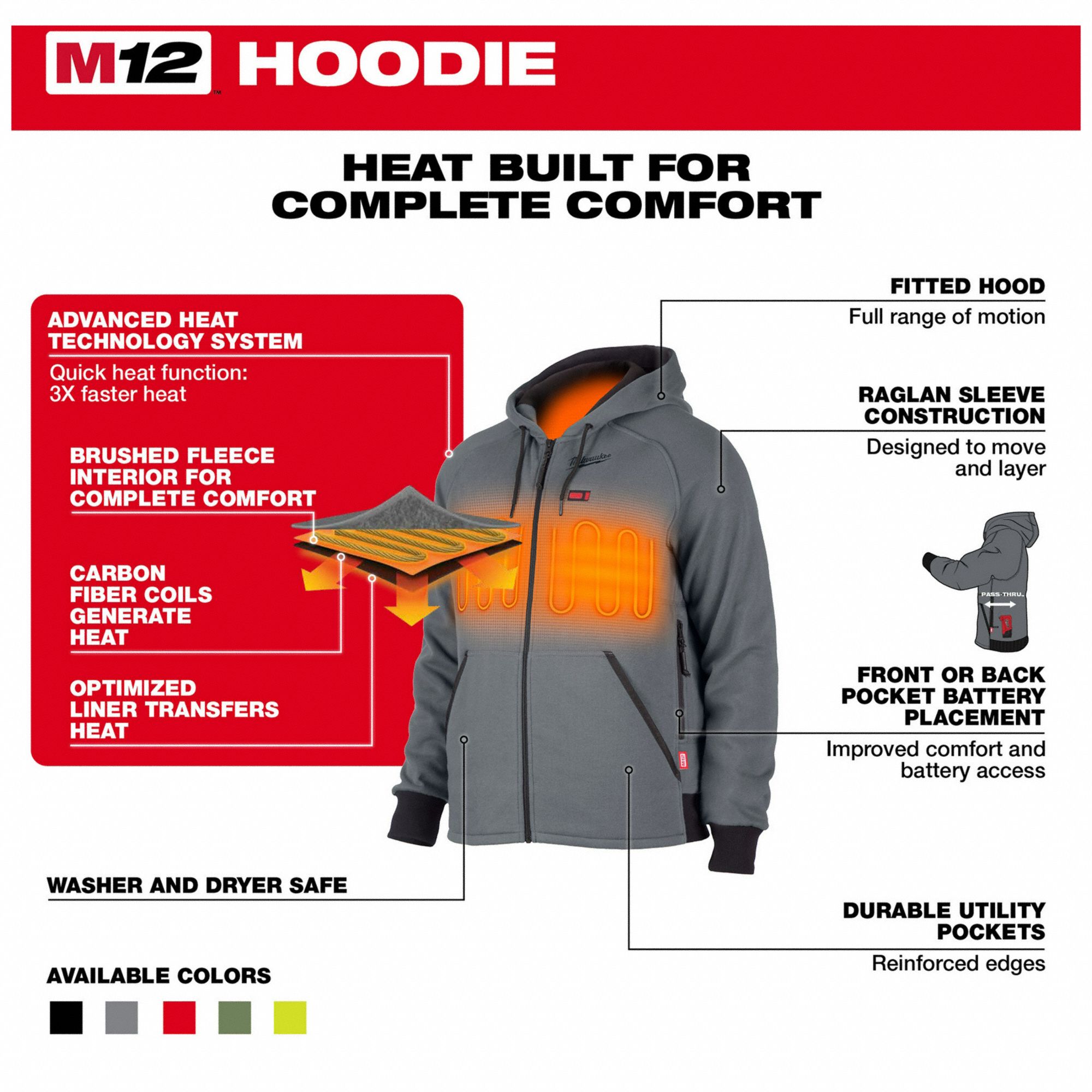 MILWAUKEE Heated Hoodie Kit Men's, S, Gray, Up to 8 hrs, 40 in Max