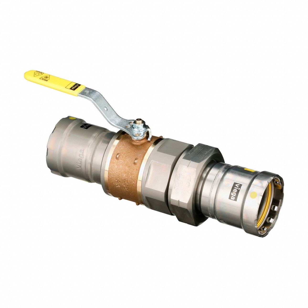 VIEGA MEGAPRESS Manual Two-Way Ball Valve: 2 in, Bronze, Straight, 125 psi Max. Pressure (CWP), PTFE (MPN 30715). Key specifications — Brand: VIEGA MEGAPRESS; Handle: Locking Lever.