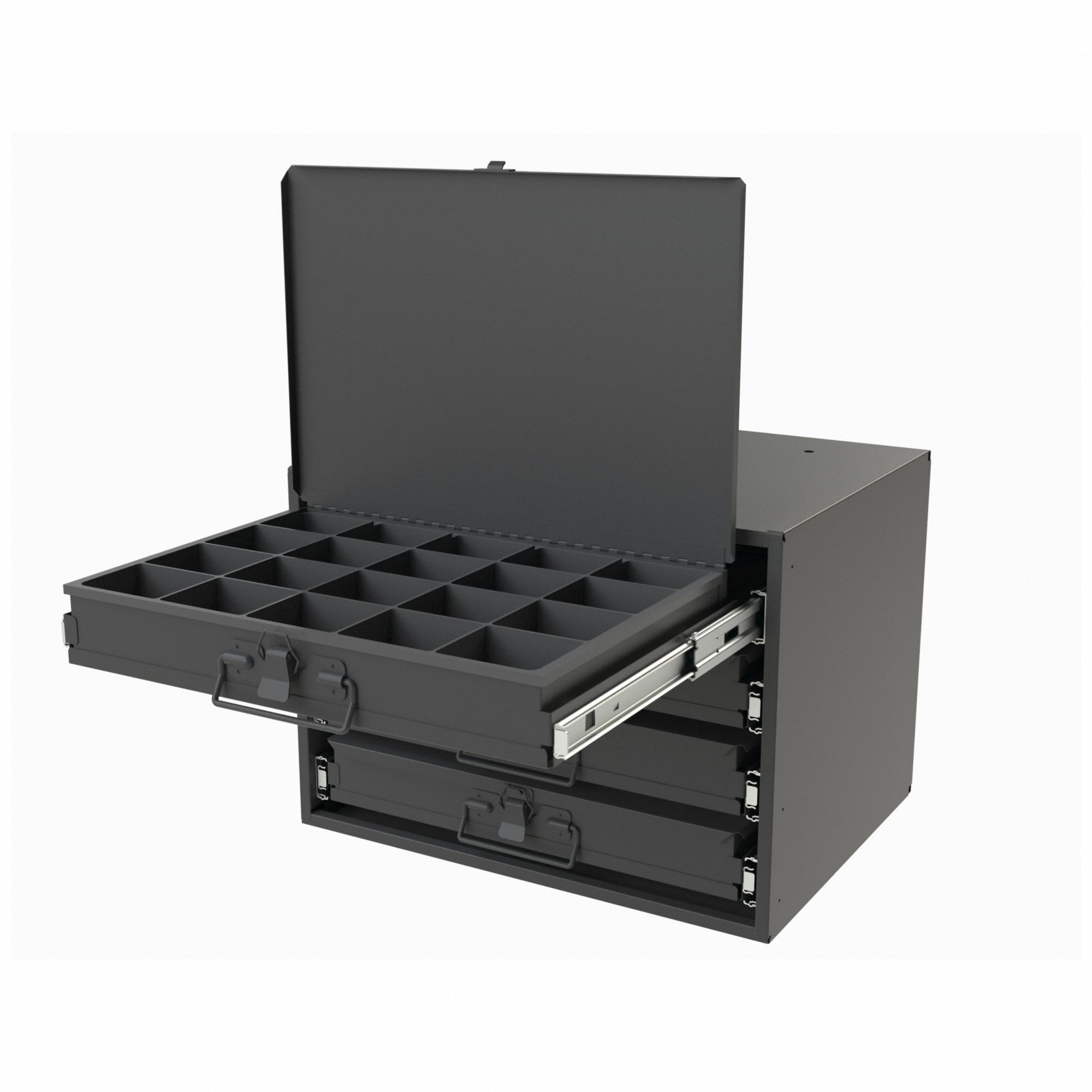 Sliding Drawer Cabinet: 15 5/8 in x 11 7/8 in x 11 7/8 in, 4 Drawers, Gray, Bearing, Assembled, Pull