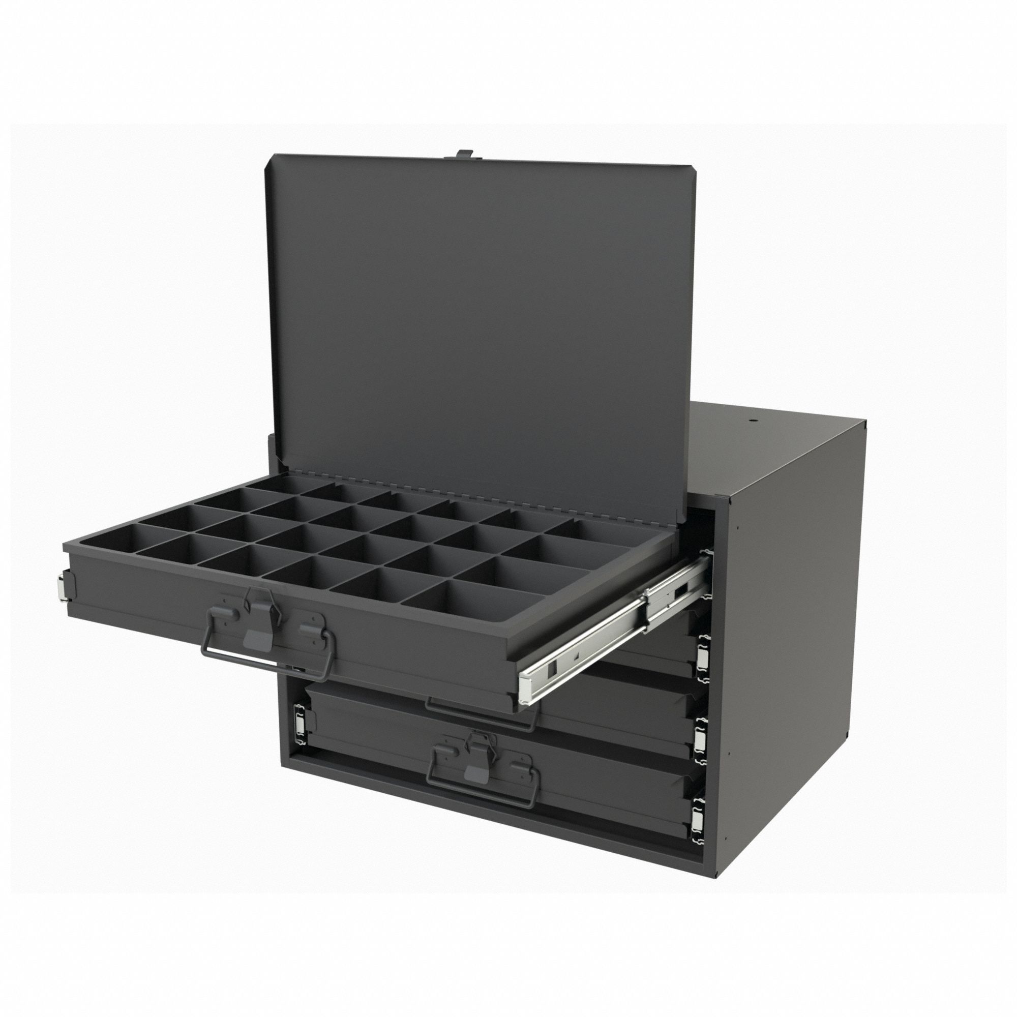 Sliding Drawer Cabinet: 15 5/8 in x 11 7/8 in x 11 7/8 in, 4 Drawers, Gray, Bearing, Assembled, Pull