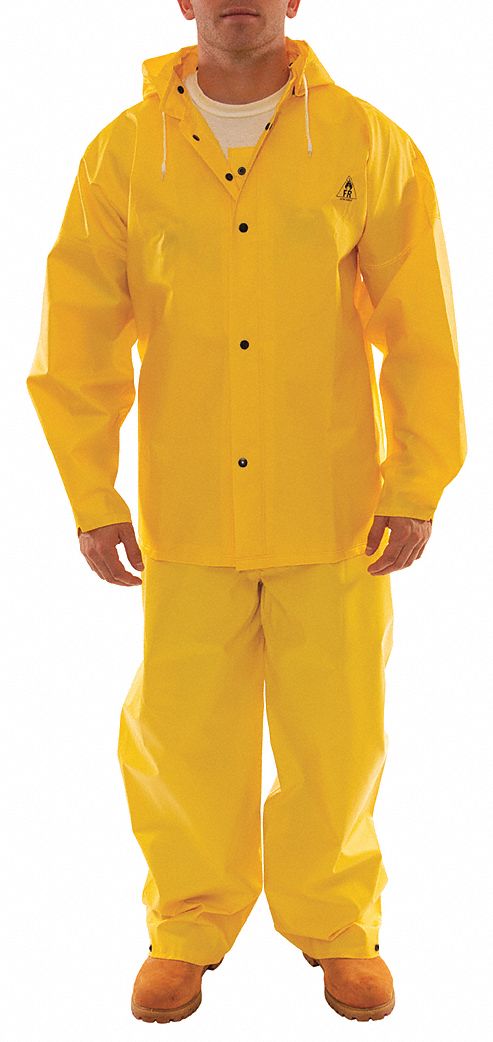 3-PIECE RAIN SUIT, JACKET/DETACHABLE HOOD/BIB OVERALLS, YELLOW, XL, FLAME-RESISTANT