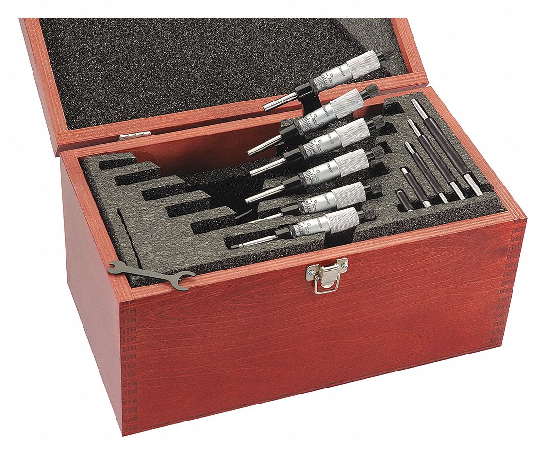 MECHANICAL OUTSIDE MICROMETER SET, 0 TO 6 IN RANGE, +/-001 IN ACCURACY, 6 MICROMETERS