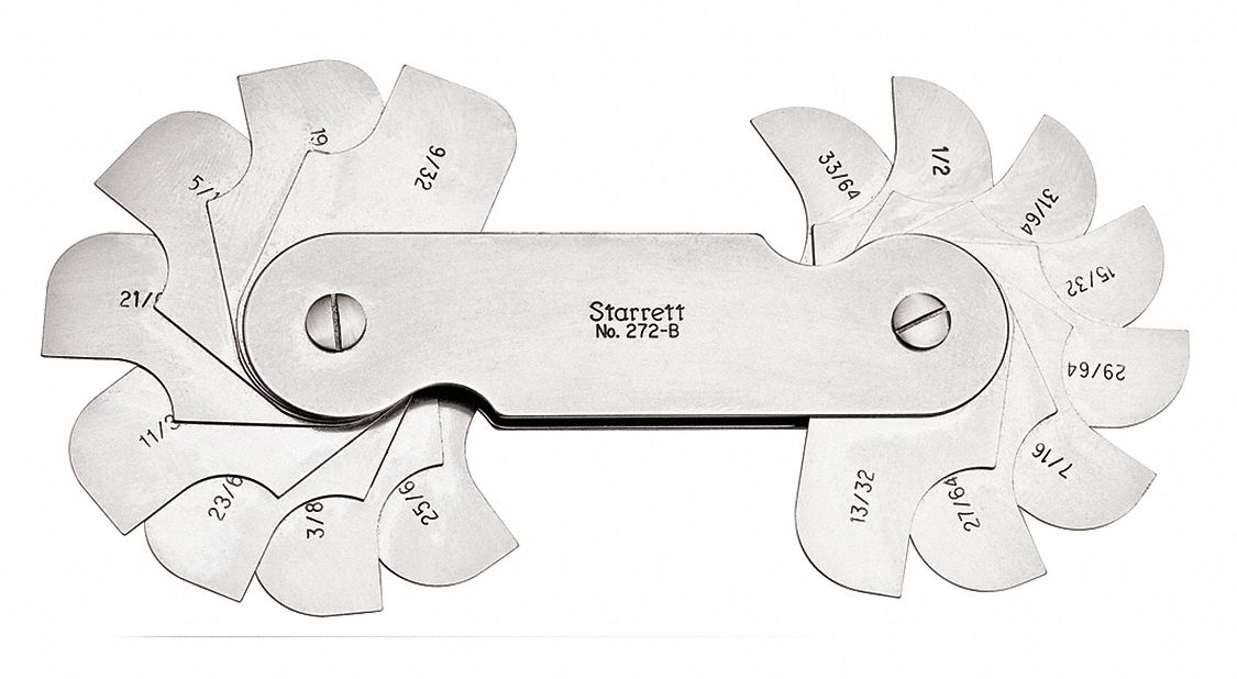 RADIUS GAUGE SET, FIXED LEAVES WITH HANDLE SET, 16 LEAVES, +/-02 IN ACCURACY