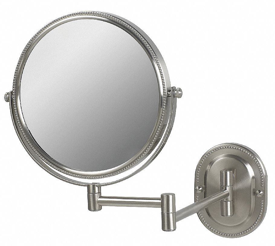 WALL MAKEUP MIRROR: ROUND, 13 IN X 11 IN X 3 IN, WALL, GLASS, WITH FRAME, 7X, 2 SIDES