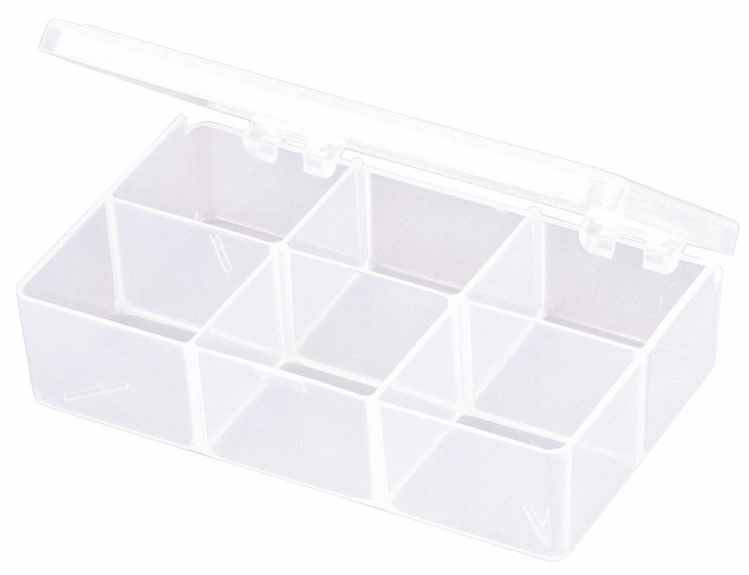 COMPARTMENT BOX, 2⅝ IN X 4⅝ IN X 1¼ IN, CLEAR, 6 COMPARTMENTS, 0 ADJUSTABLE DIVIDERS