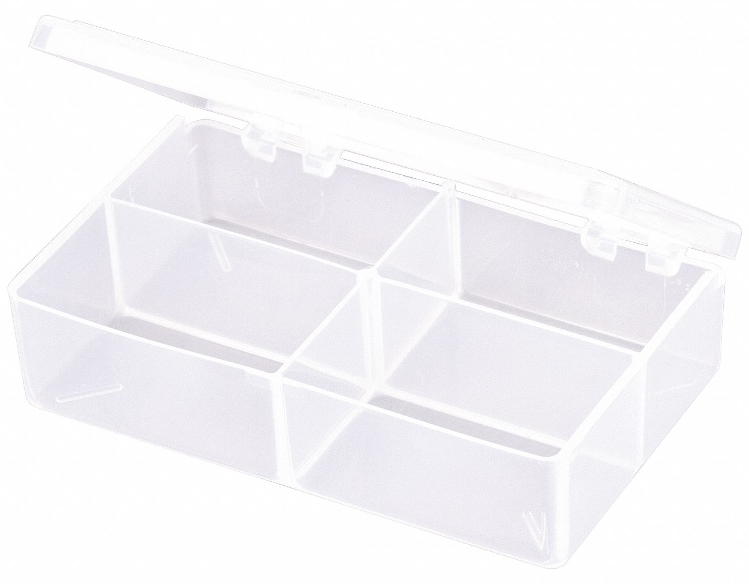 COMPARTMENT BOX, 2⅝ IN X 4⅝ IN X 1¼ IN, CLEAR, 4 COMPARTMENTS, 0 ADJUSTABLE DIVIDERS